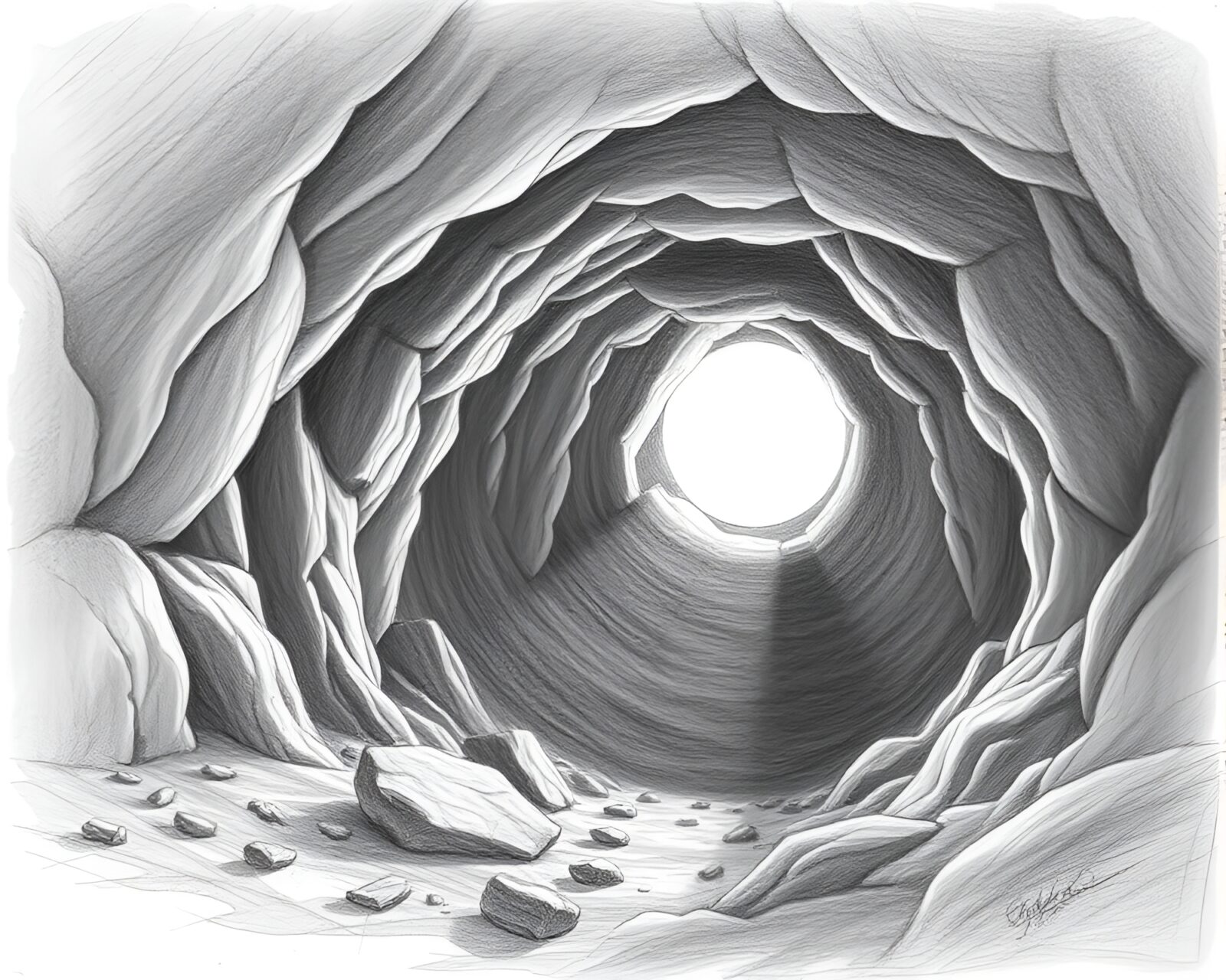 Detailed pencil sketch of glacial cave with eclipse lighting