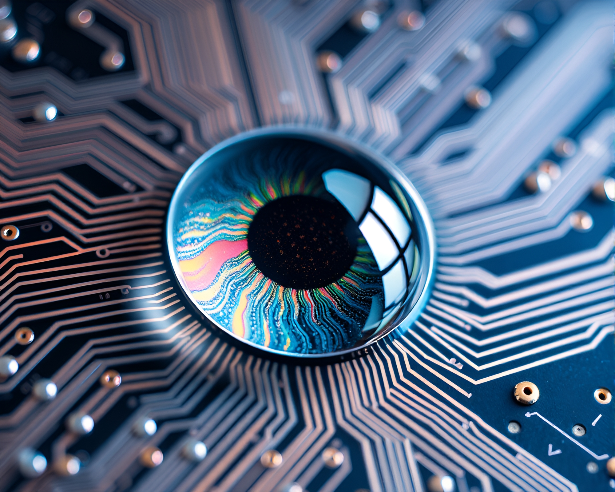 Futuristic Smart Contact Lens Holographic Circuit Board – free AI stock image