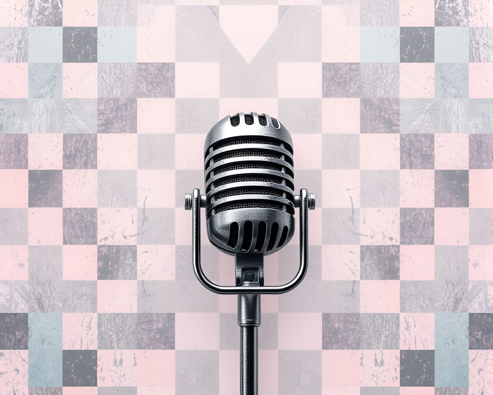 Black and white microphone with soft pastel background