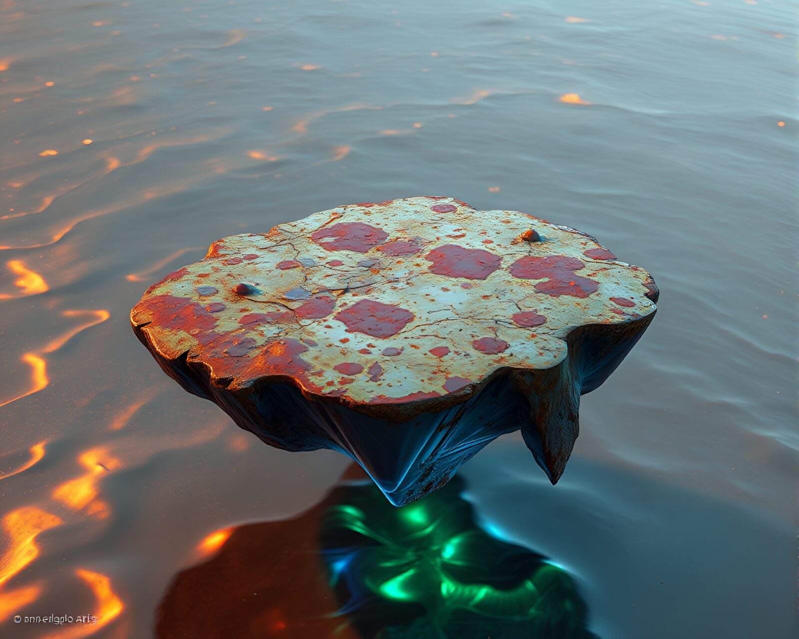 Surreal floating island with holographic sheen and rust patina