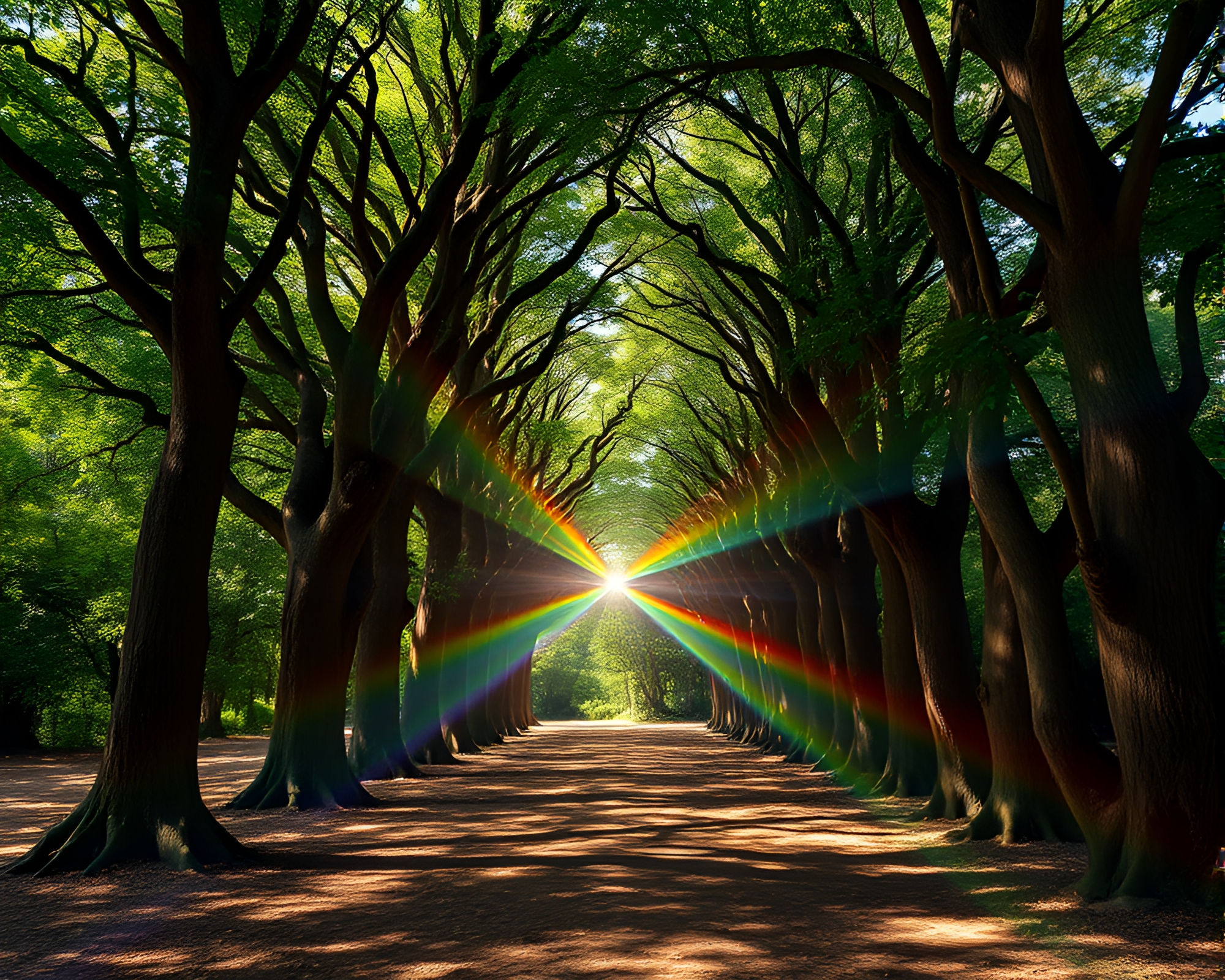 Enchanted Ancient Grove with Rainbow Spectrum – free AI stock image