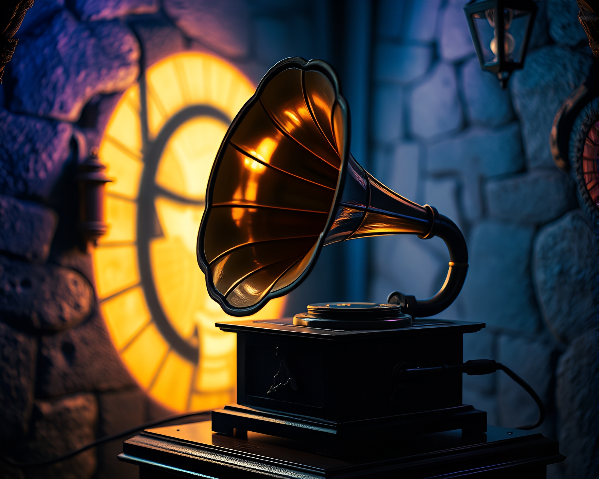 Steampunk Gramophone in Prism Refraction Dungeon – free AI stock image