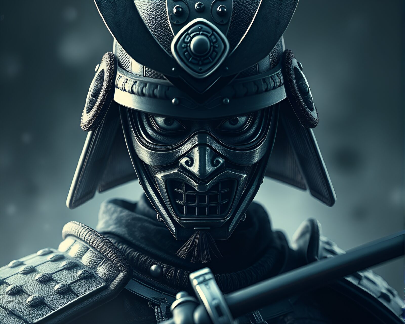 Dreamy close-up of a samurai warrior in wireframe style