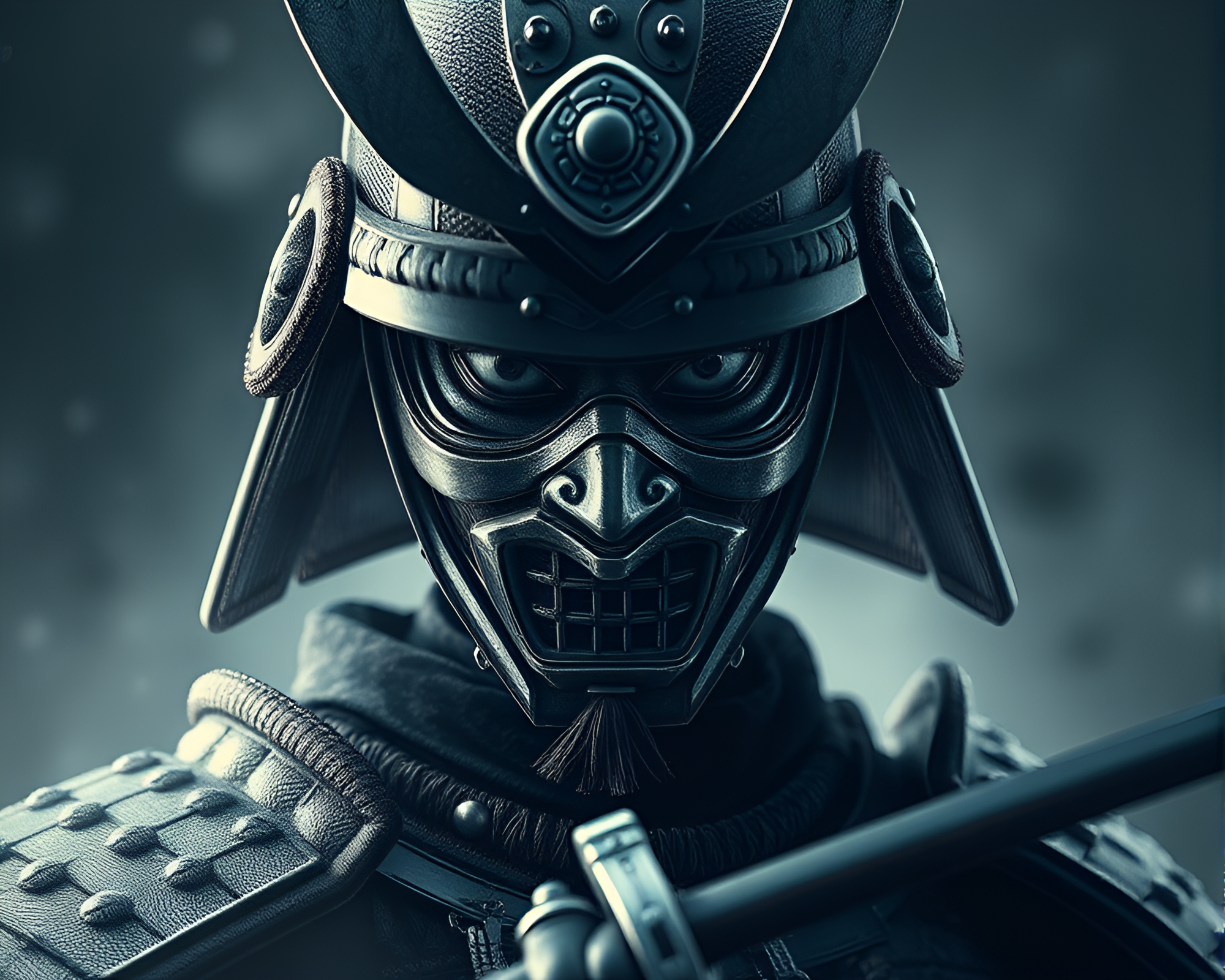 Samurai Warrior Extreme Close-Up in Wireframe Render – free AI stock image