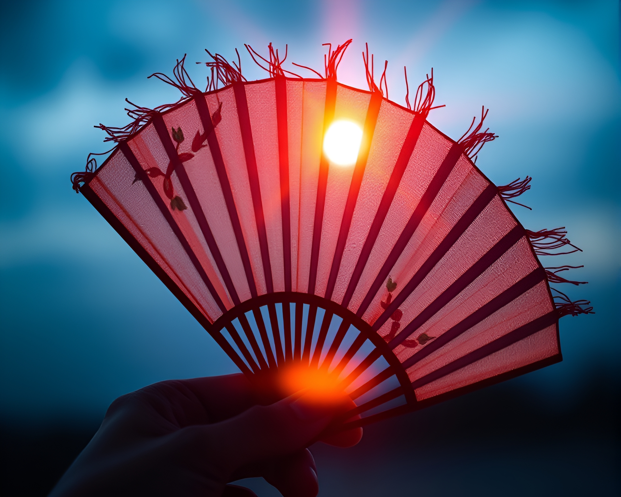 Twilight Blue Hand-Painted Fan with Cloth Simulation Effect – free AI stock image