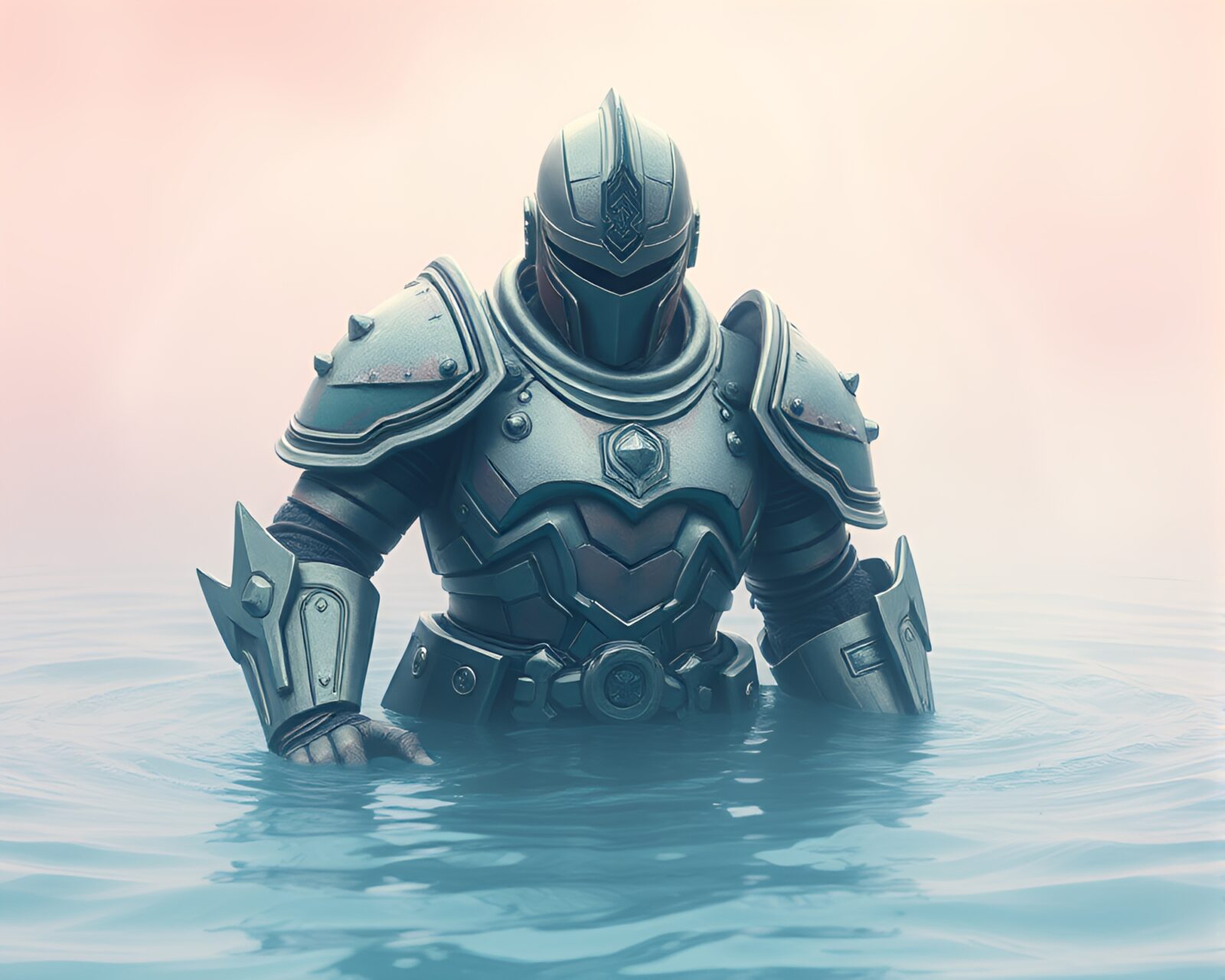 Shimmering armor surrounded by swirling water in vaporwave style