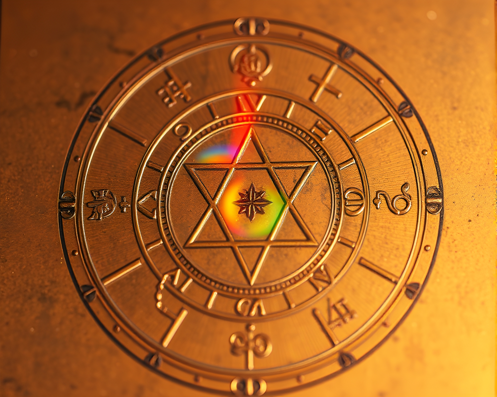 Rainbow Refraction through Alchemical Symbols – free AI stock image