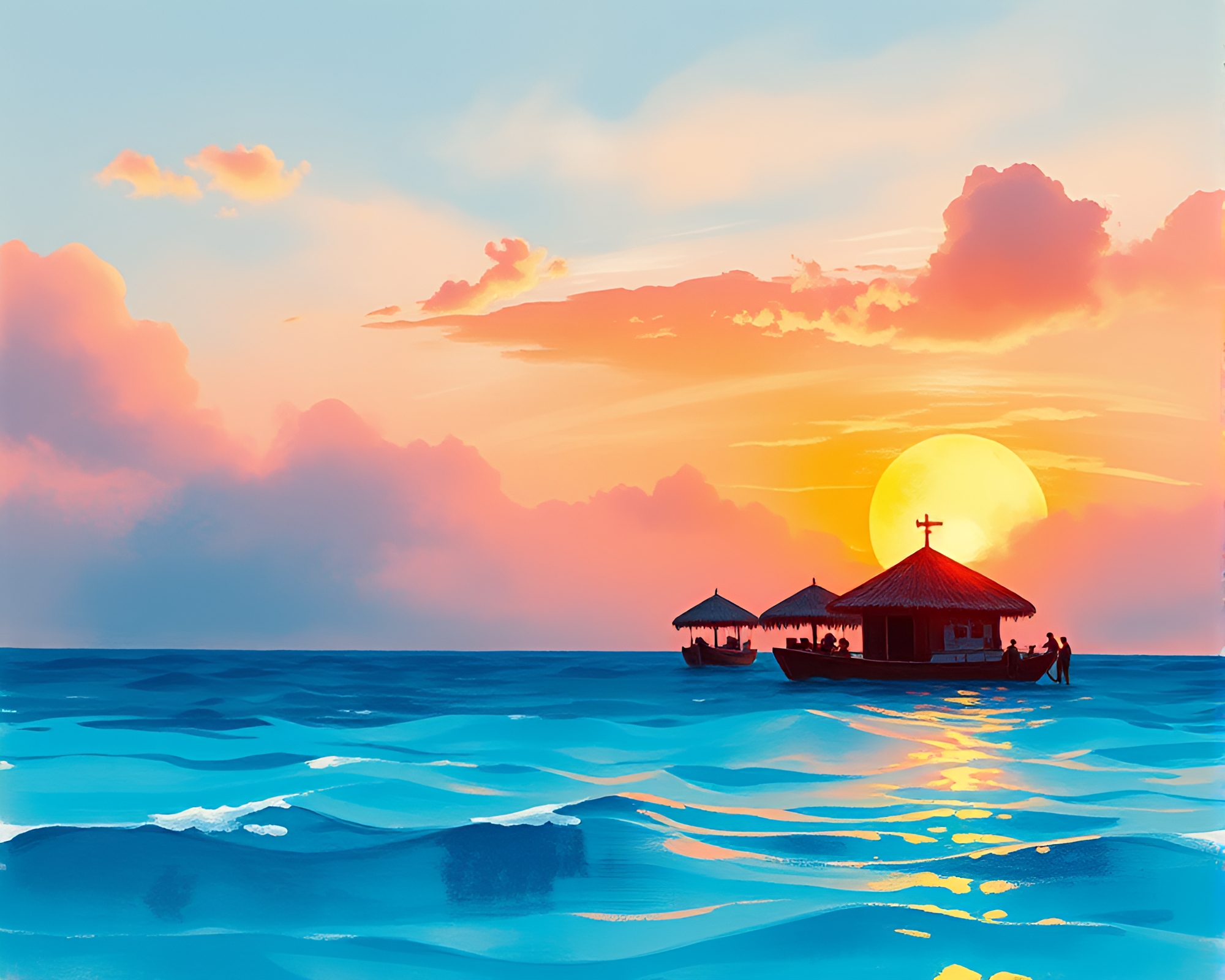 Golden Hour Coral Atoll: Sumi-e Seascape – free AI stock image