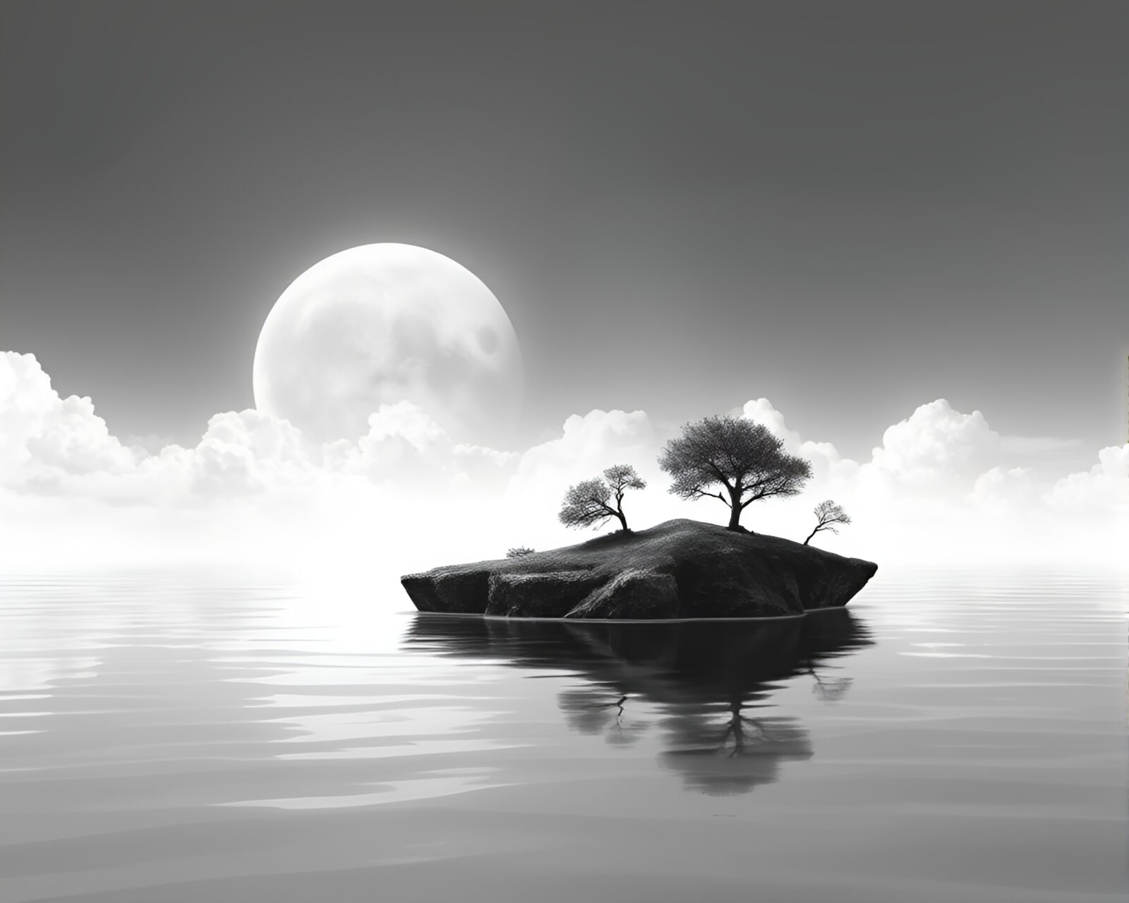 ASCII art of a mystical island floating in distorted water