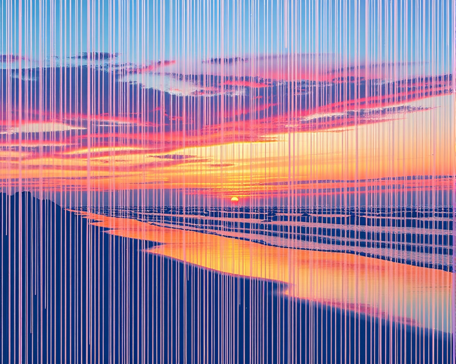 Vibrant barcode stripes painted on a beach at twilight