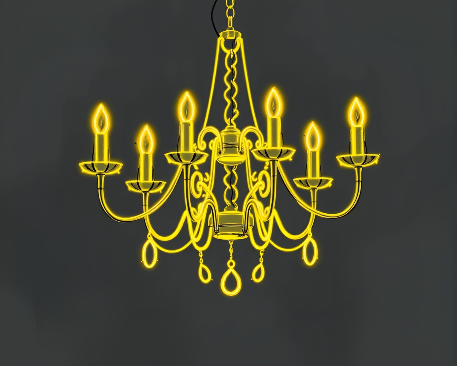 Mustard yellow pop lighting illuminates detailed wireframe chandelier sketch