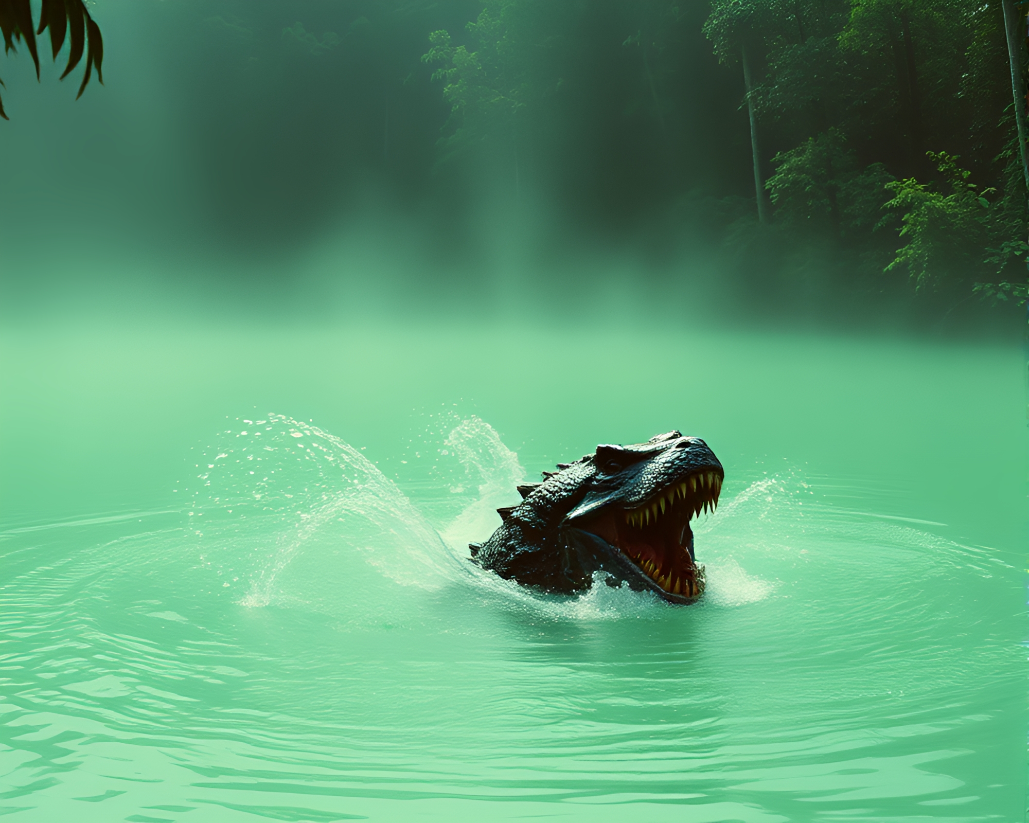 Cerberus amidst swirling water vortex in lush green jungle – free AI stock image