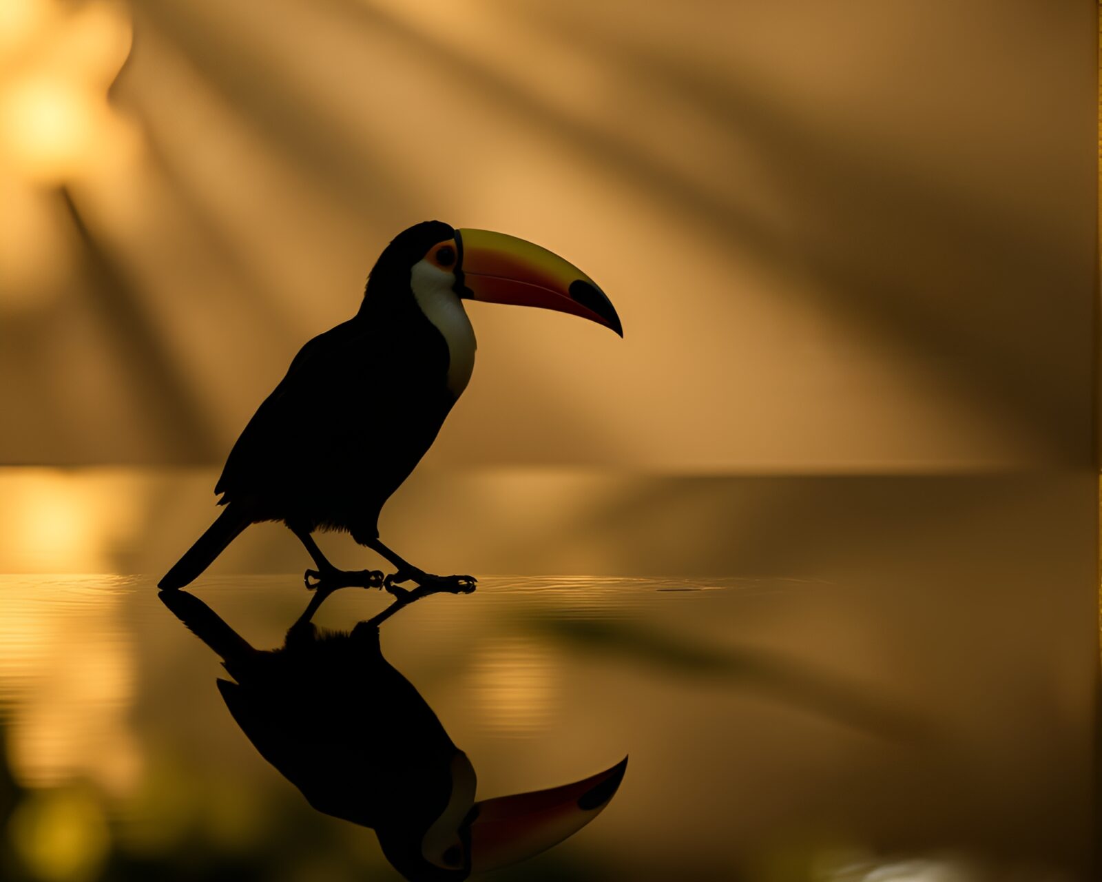 Majestic Toucan silhouette reflected on serene water surface