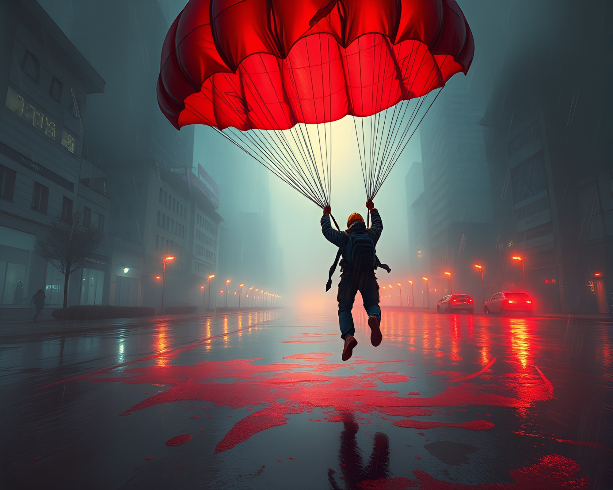 Parachute Jumper Descends on Rainy City Street – free AI stock image