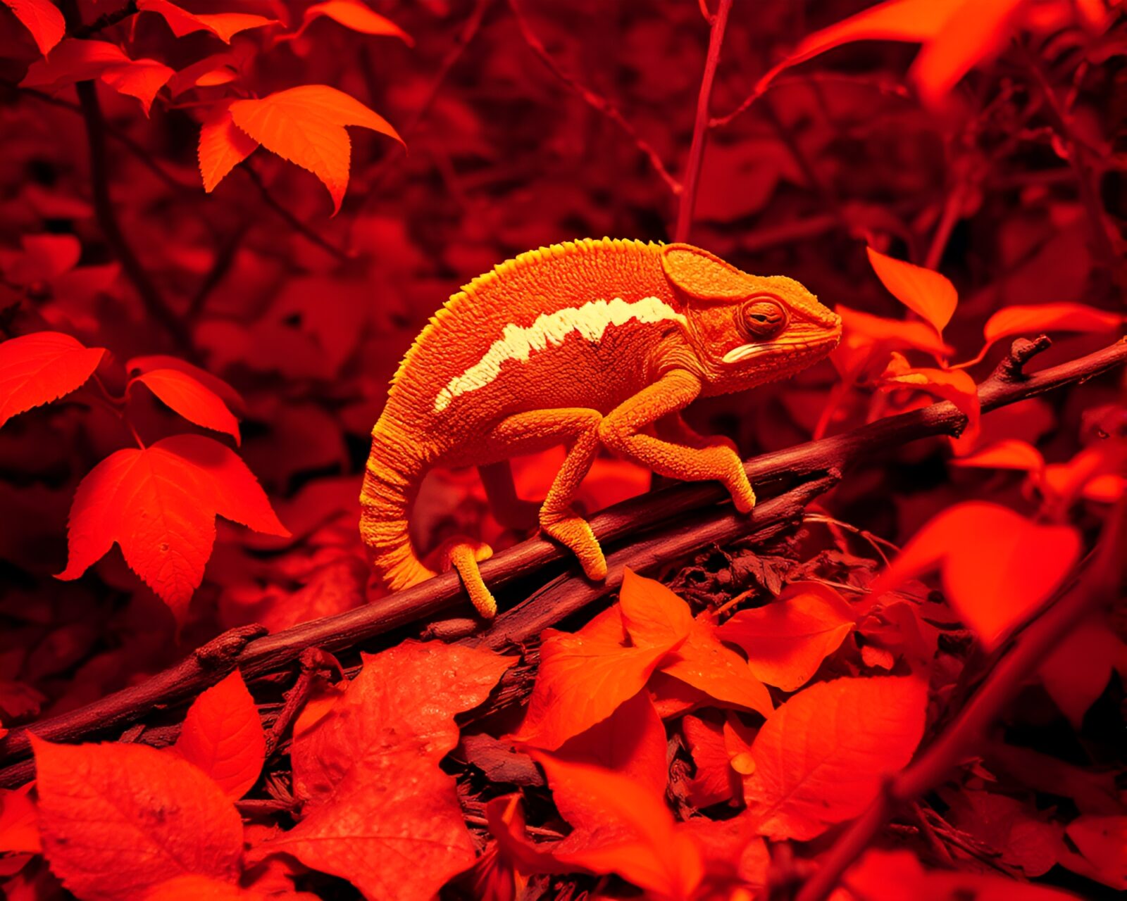 Infrared warmth illuminates chameleon in surreal leaf litter scene
