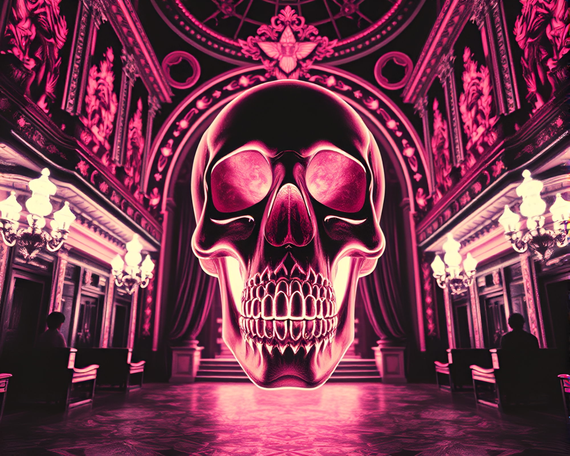 Intricate Crystal Skull Woodblock Print Opera House Glow – free AI stock image