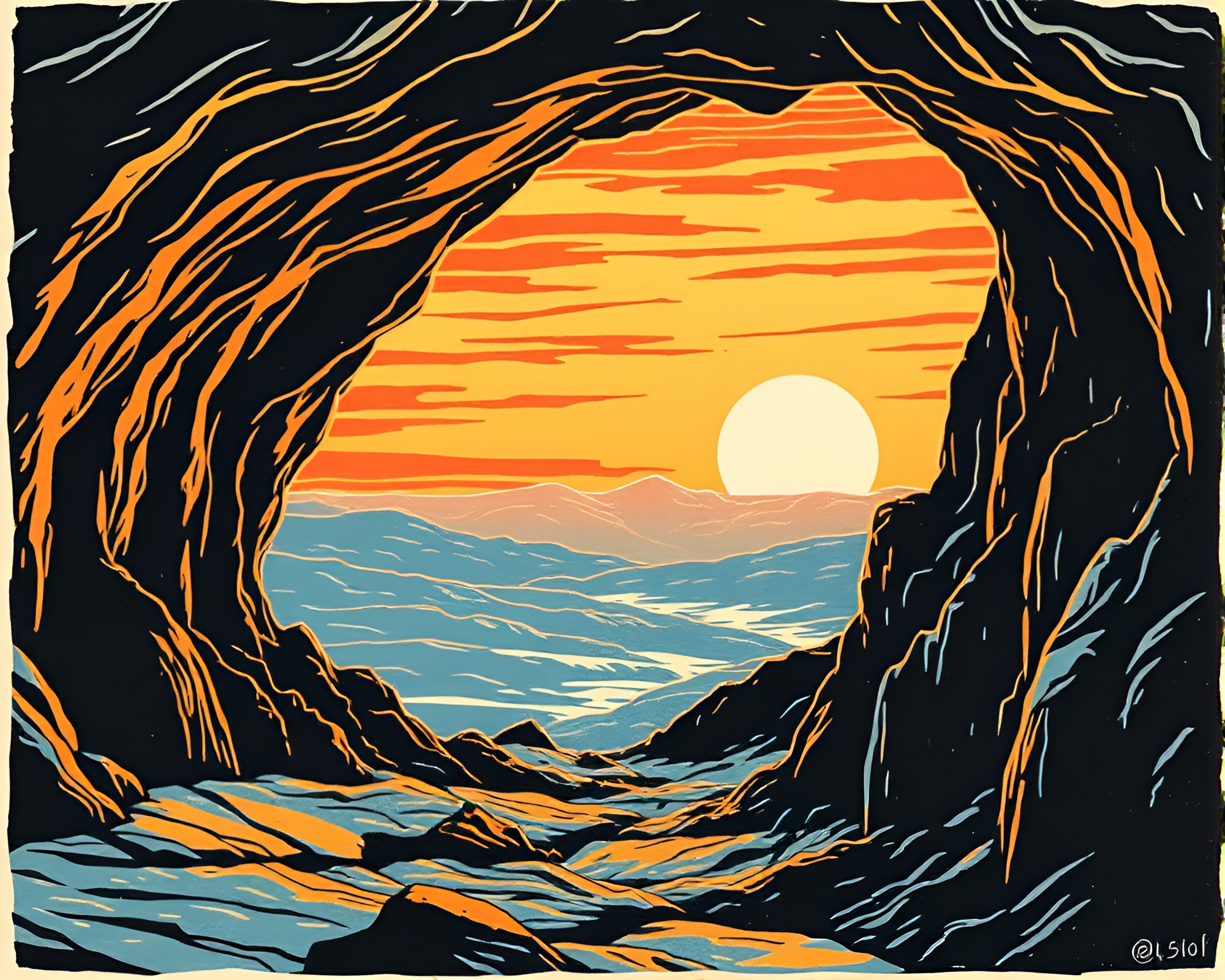 Glacial Cave Sunset Bio-Organic Linocut Textures – free AI stock image