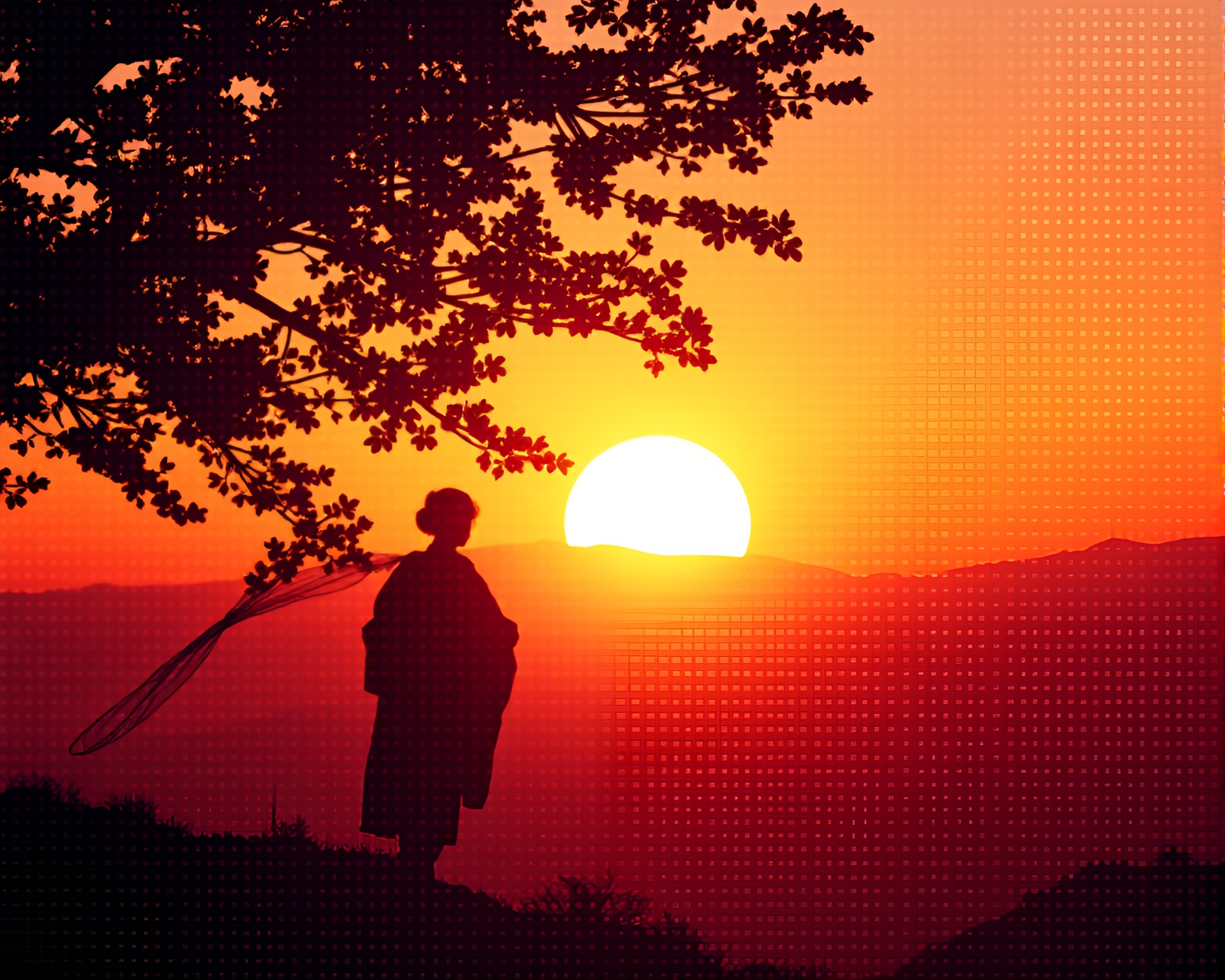 Silk kimono silhouette in warm halftone sunset – free AI stock image