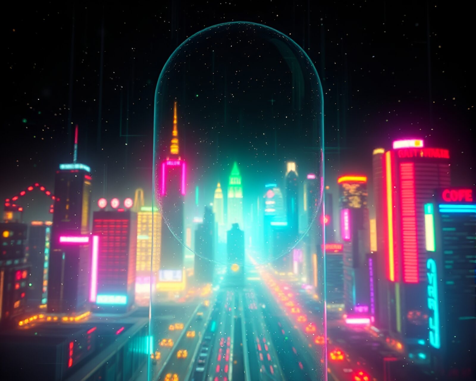 Eerie neon lights reflect distorted in shattered glass buildings