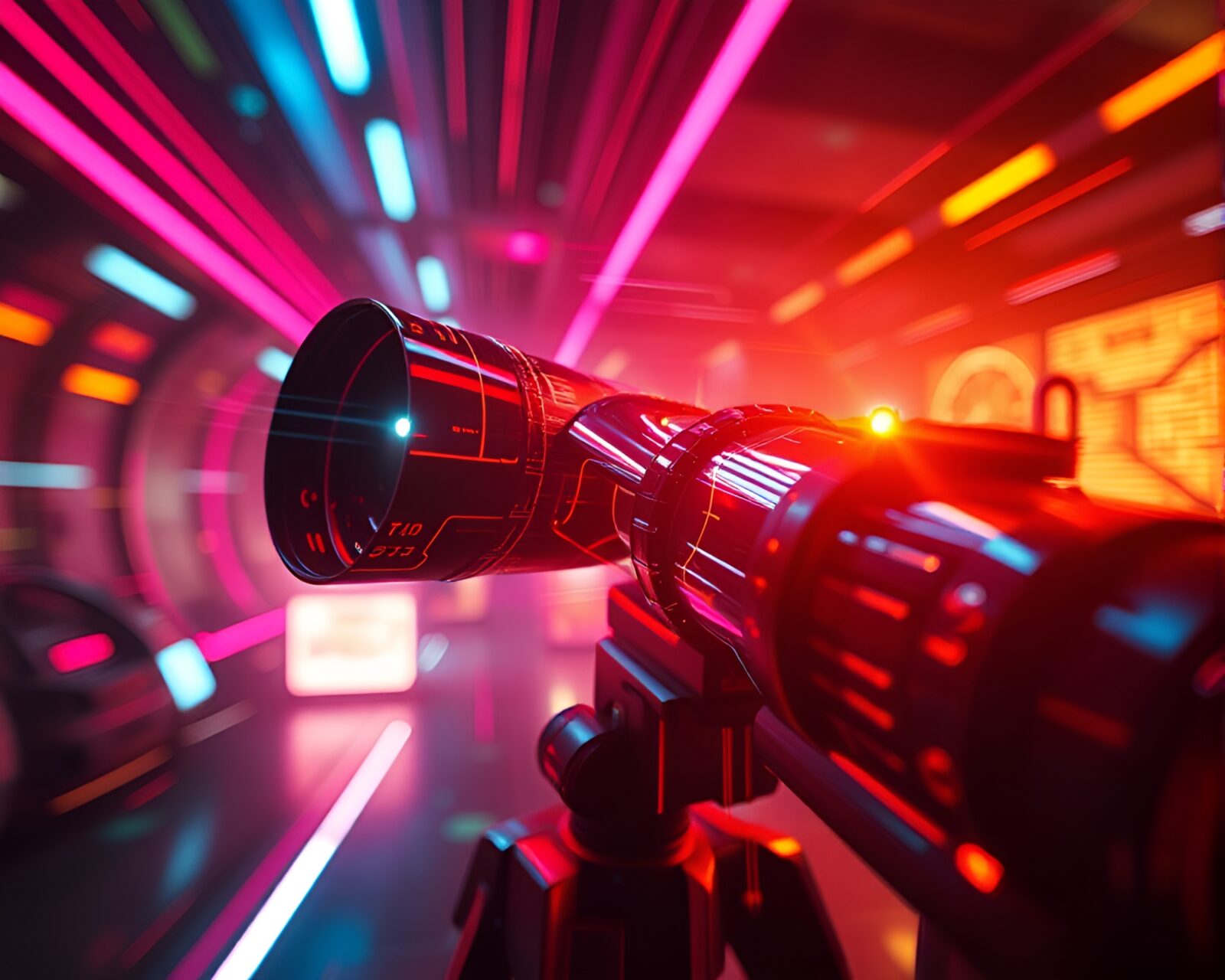 Vibrant image of telescope with futuristic HUD overlay in space
