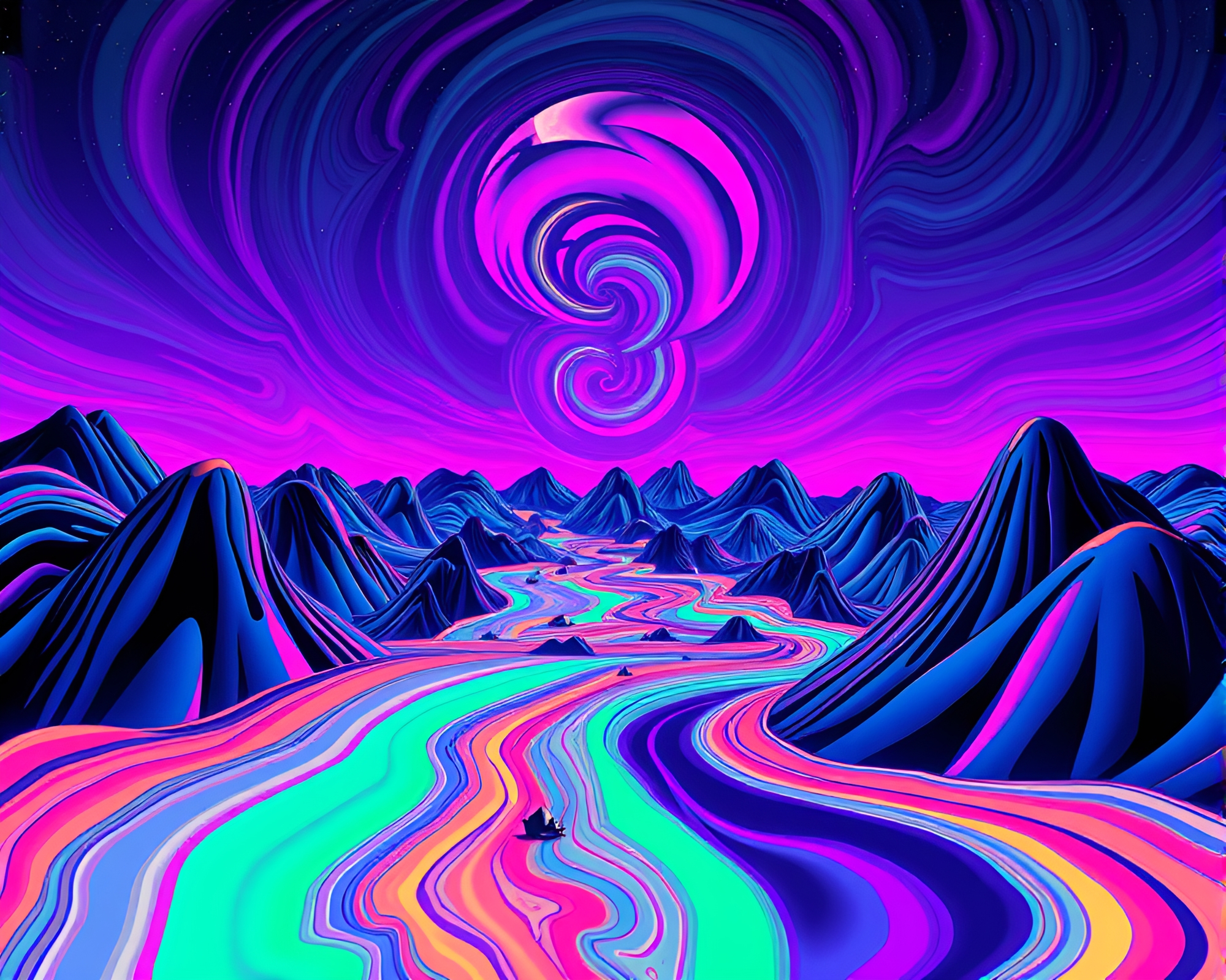 Neon Psychedelic Swirl in Synthwave Matte – free AI stock image