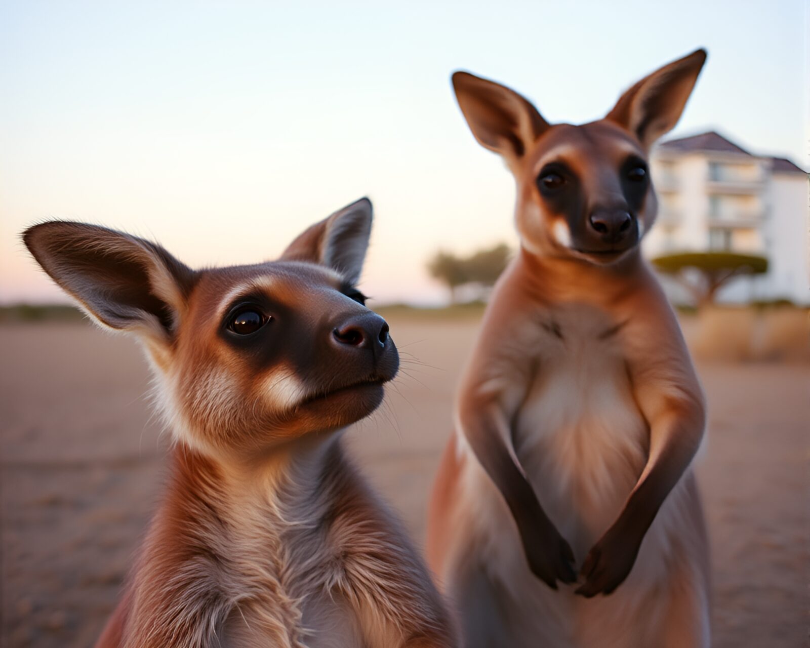 A candid scene of a kangaroo in retro VHS style with cool dawn lighting