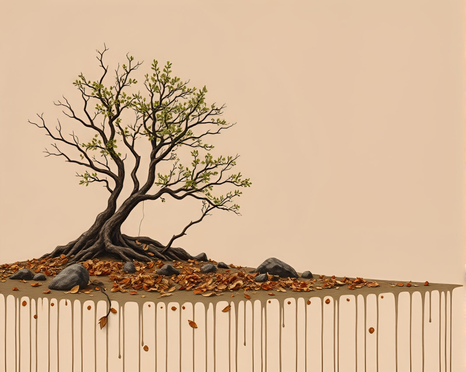 Muted earth tones leaf litter painting on tropical island