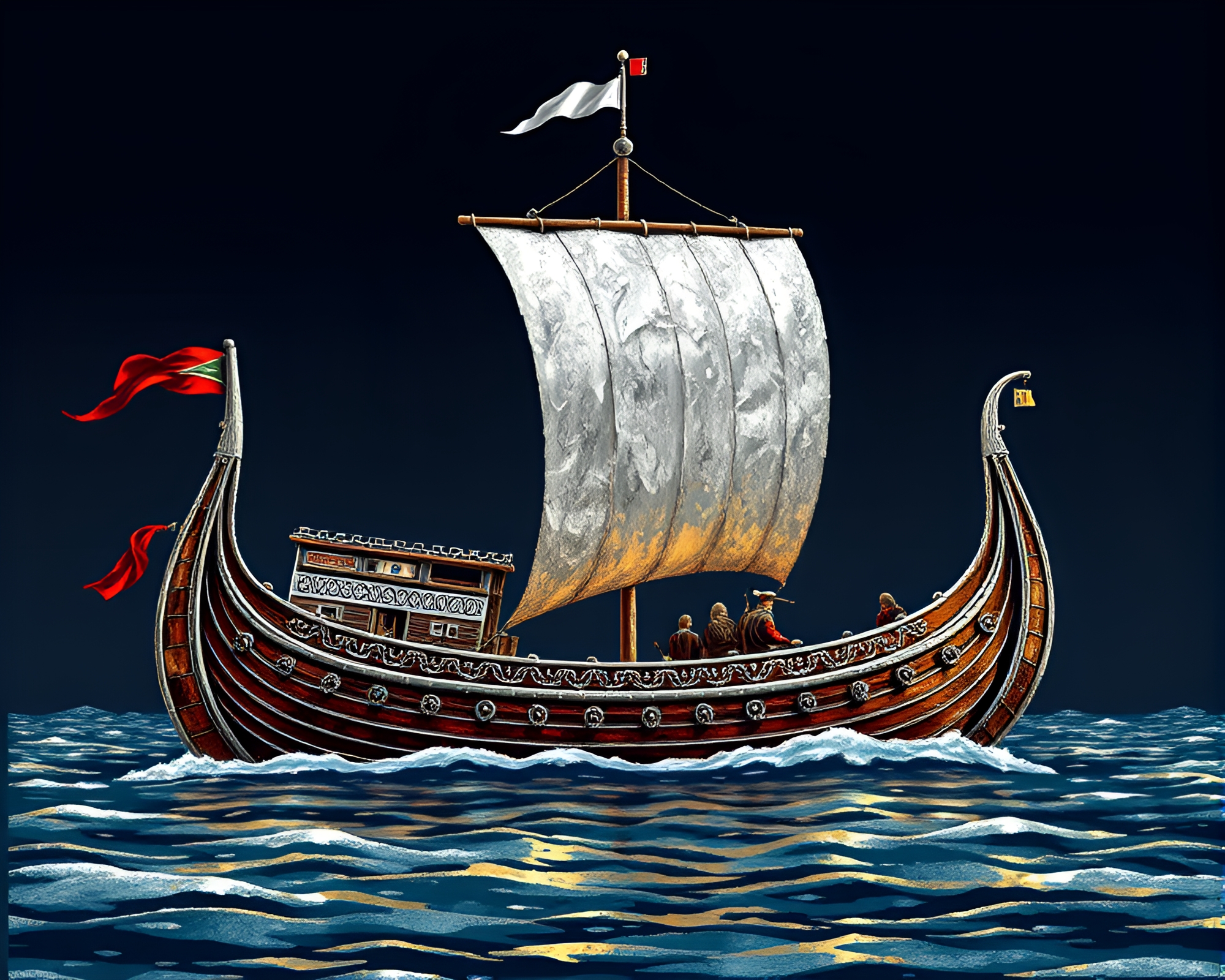 Viking Longship with Silver Leaf Accents in 8-bit Style – free AI stock image