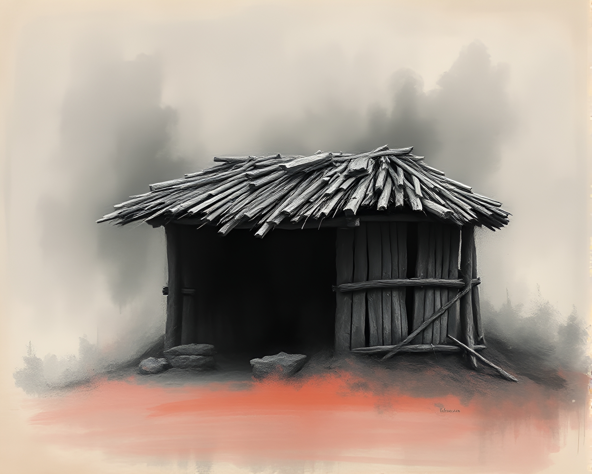 Charcoal strokes detail mud hut under pastel hues – free AI stock image