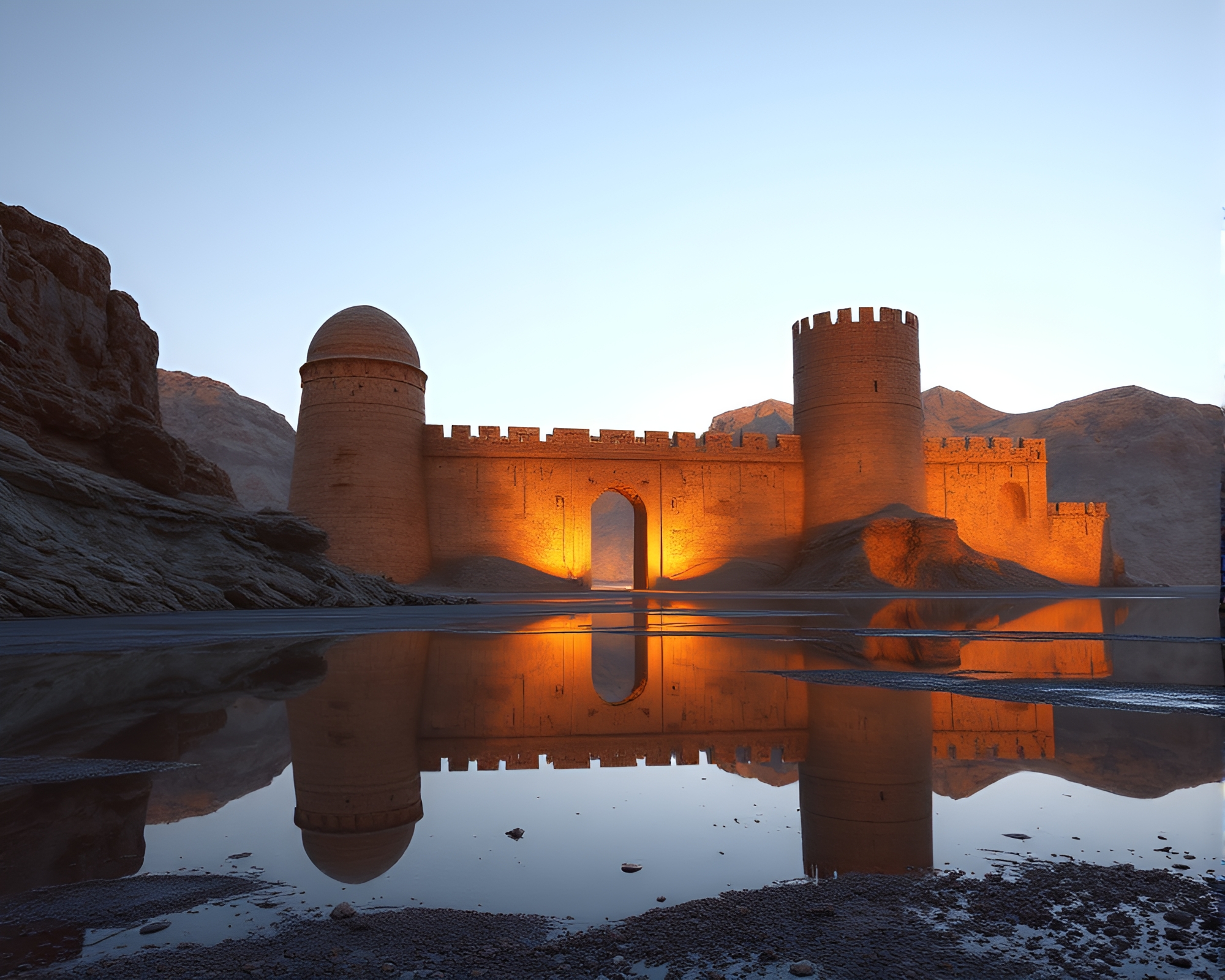 Deserted Castle Reflecting in Rim Lighting – free AI stock image