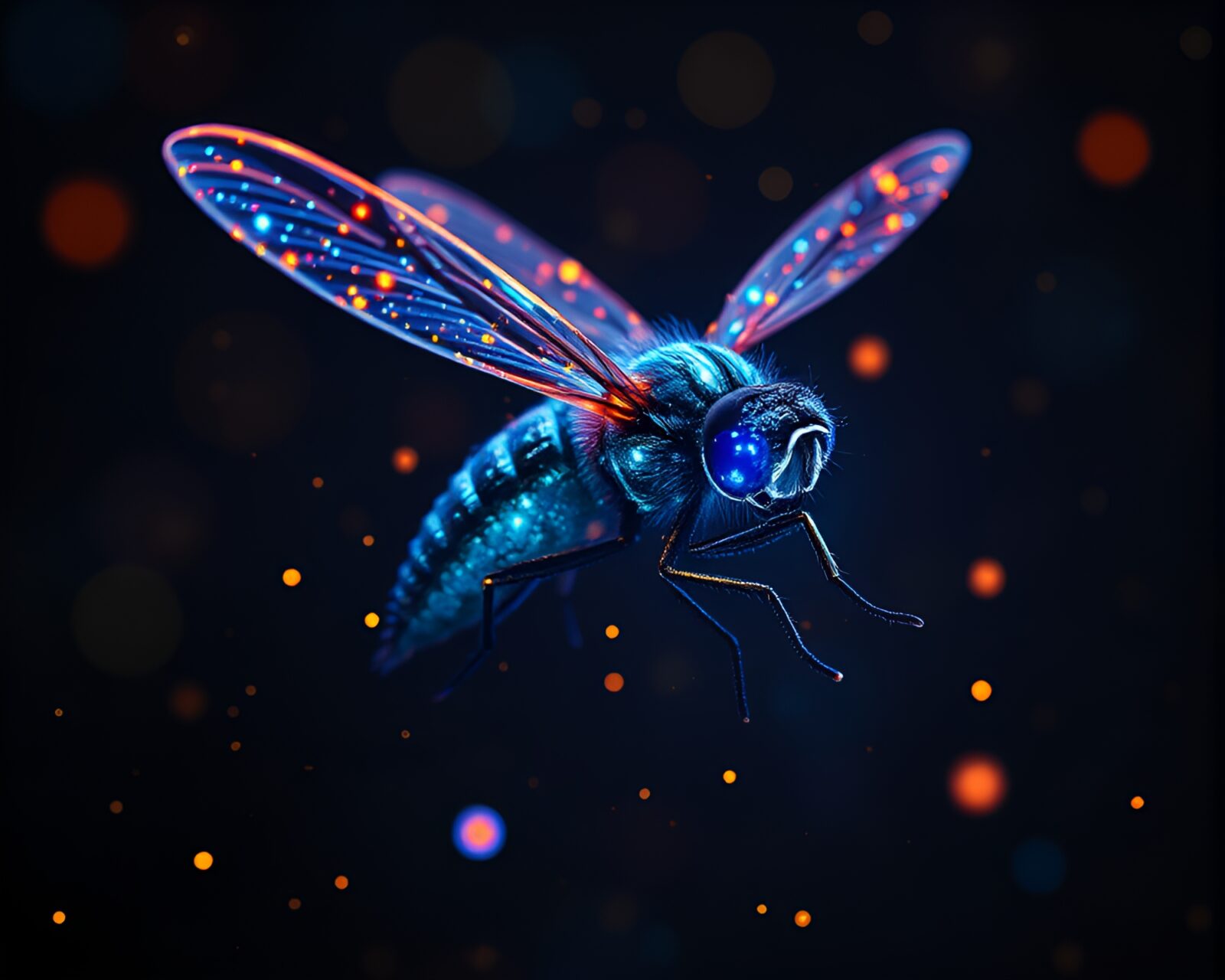 Majestic werewolf in ethereal firefly-lit scene with floating particles