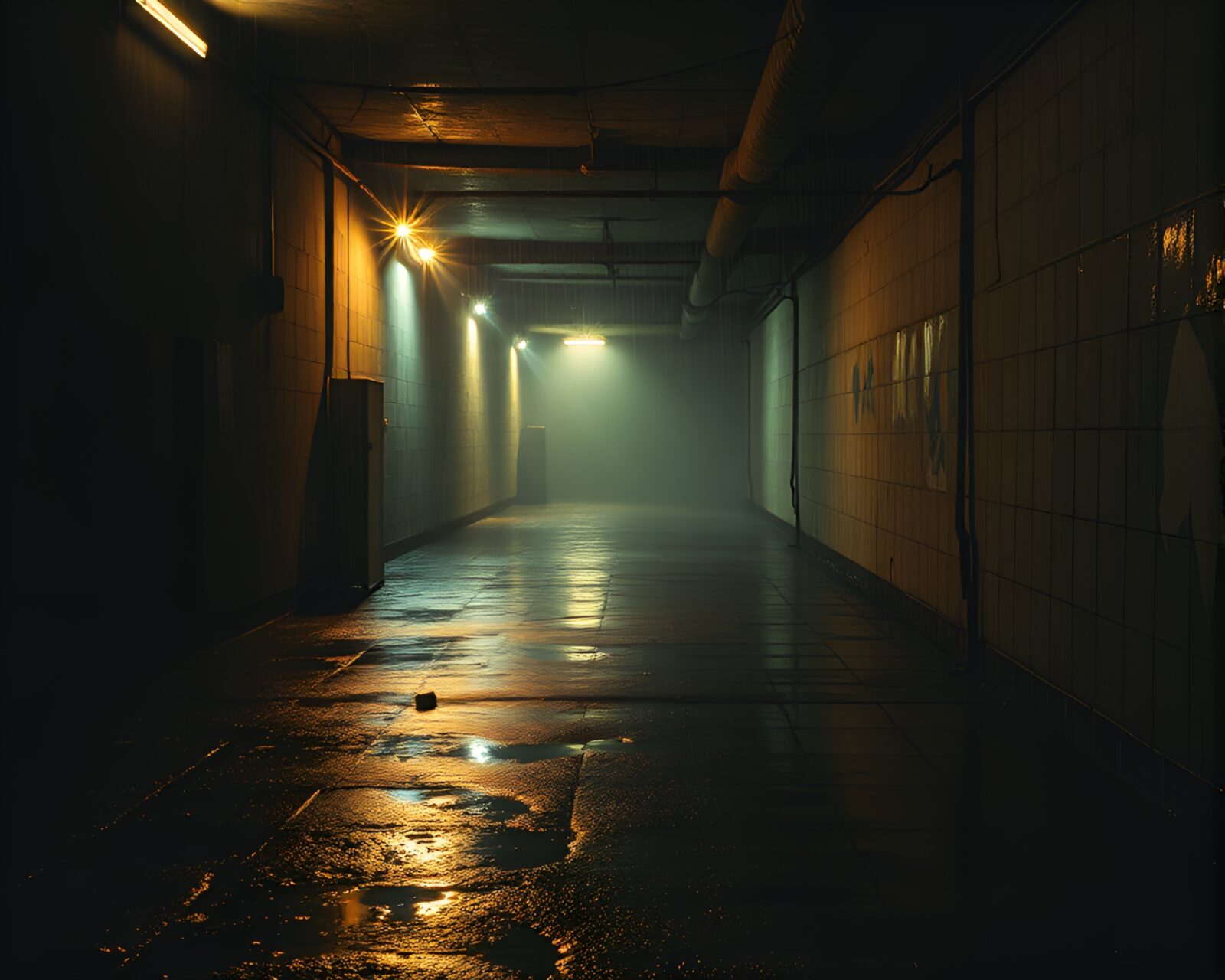 Monstrous Leviathan emerging from dark, wet basement vignette