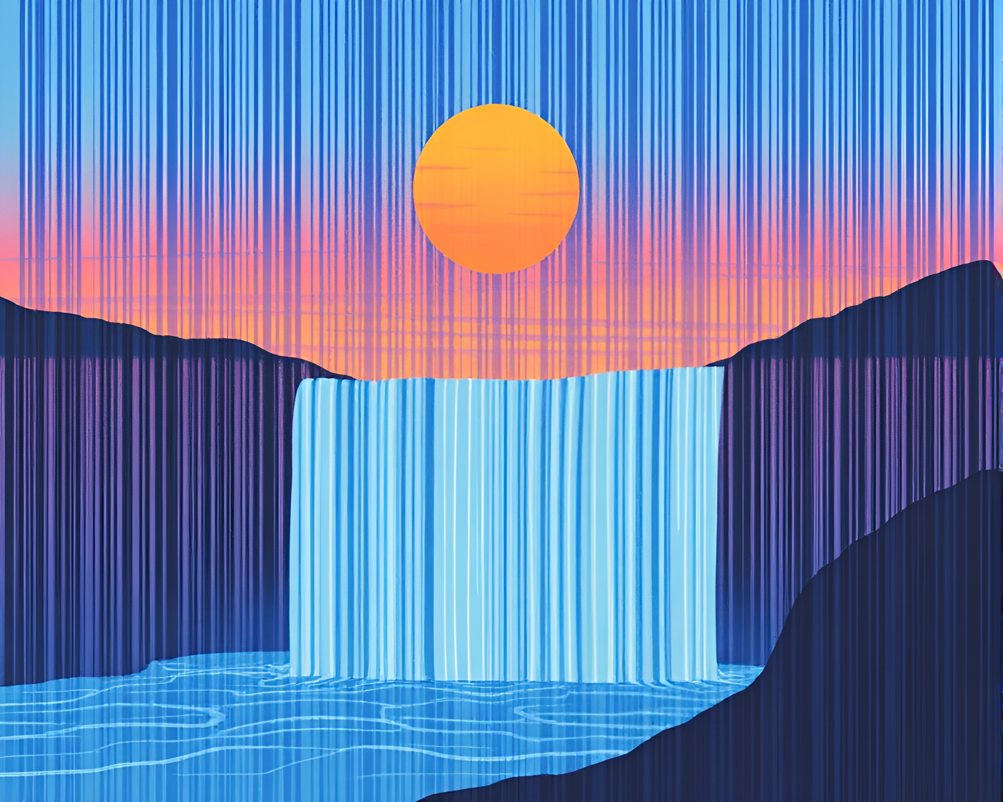 Barcoded Waterfall Reflecting Sunset Dye in Sgraffito Style – free AI stock image