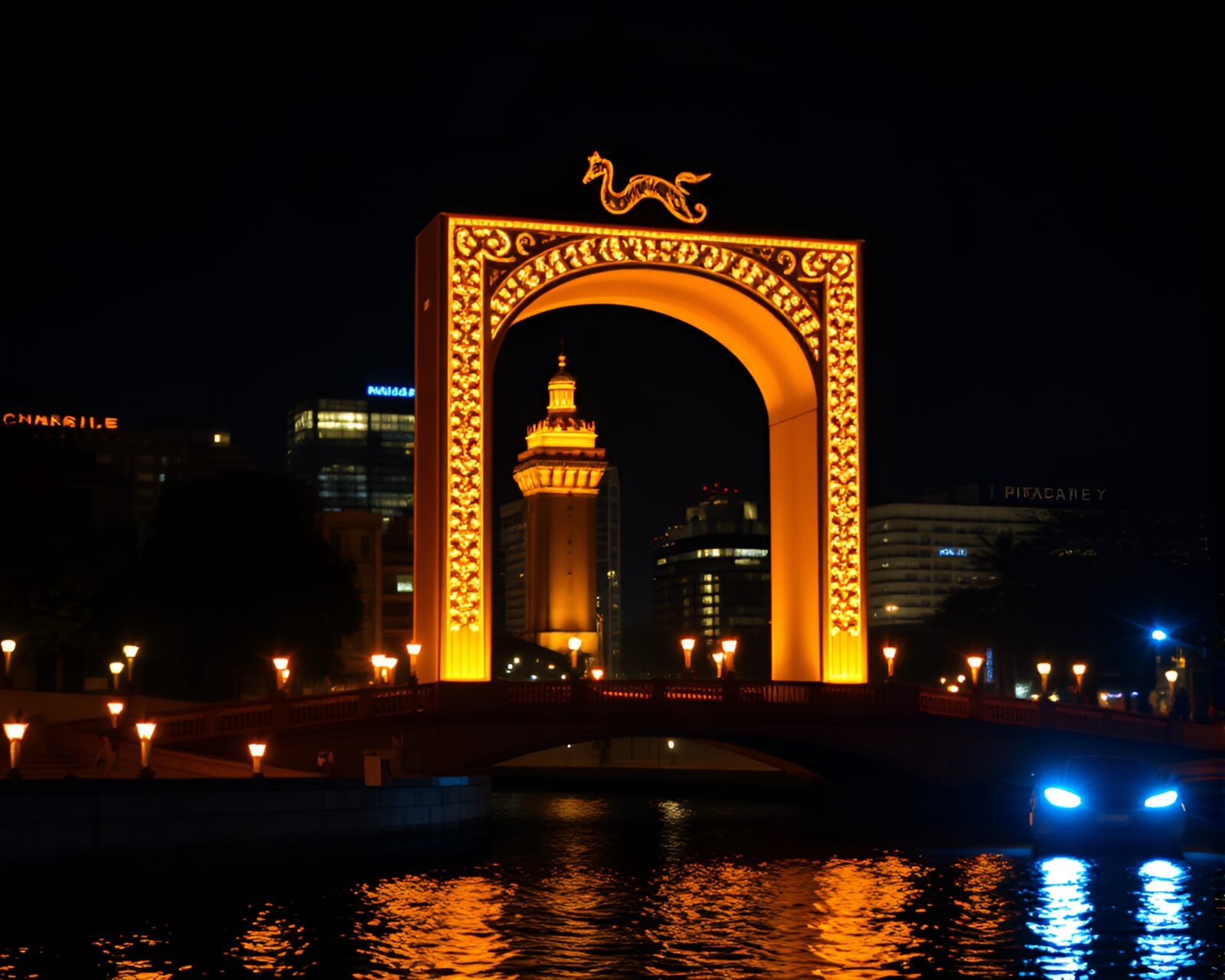 Night city lights shining through intricate architectural bracelet design