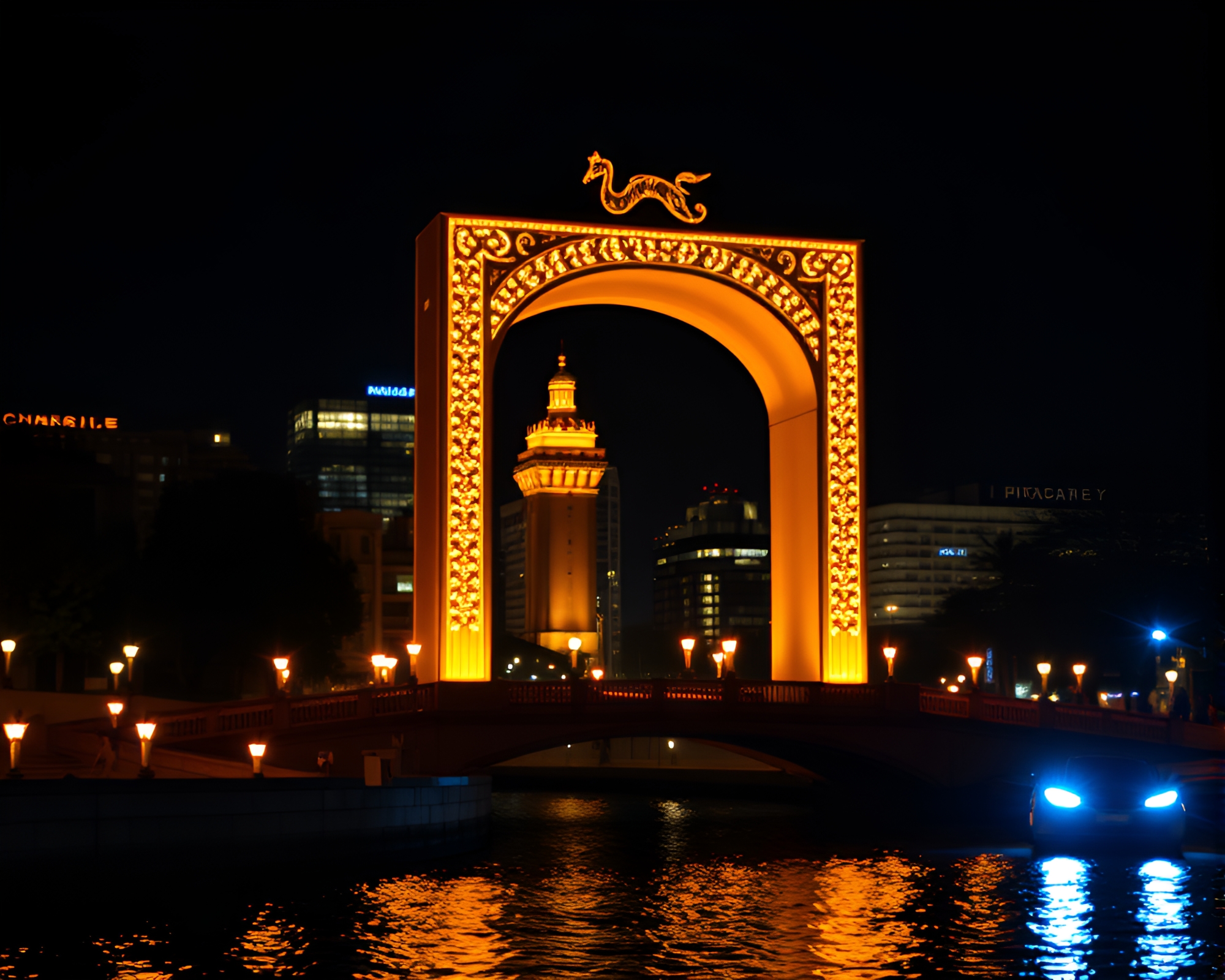 Glowing cityscape through candlelit architectural bracelet – free AI stock image