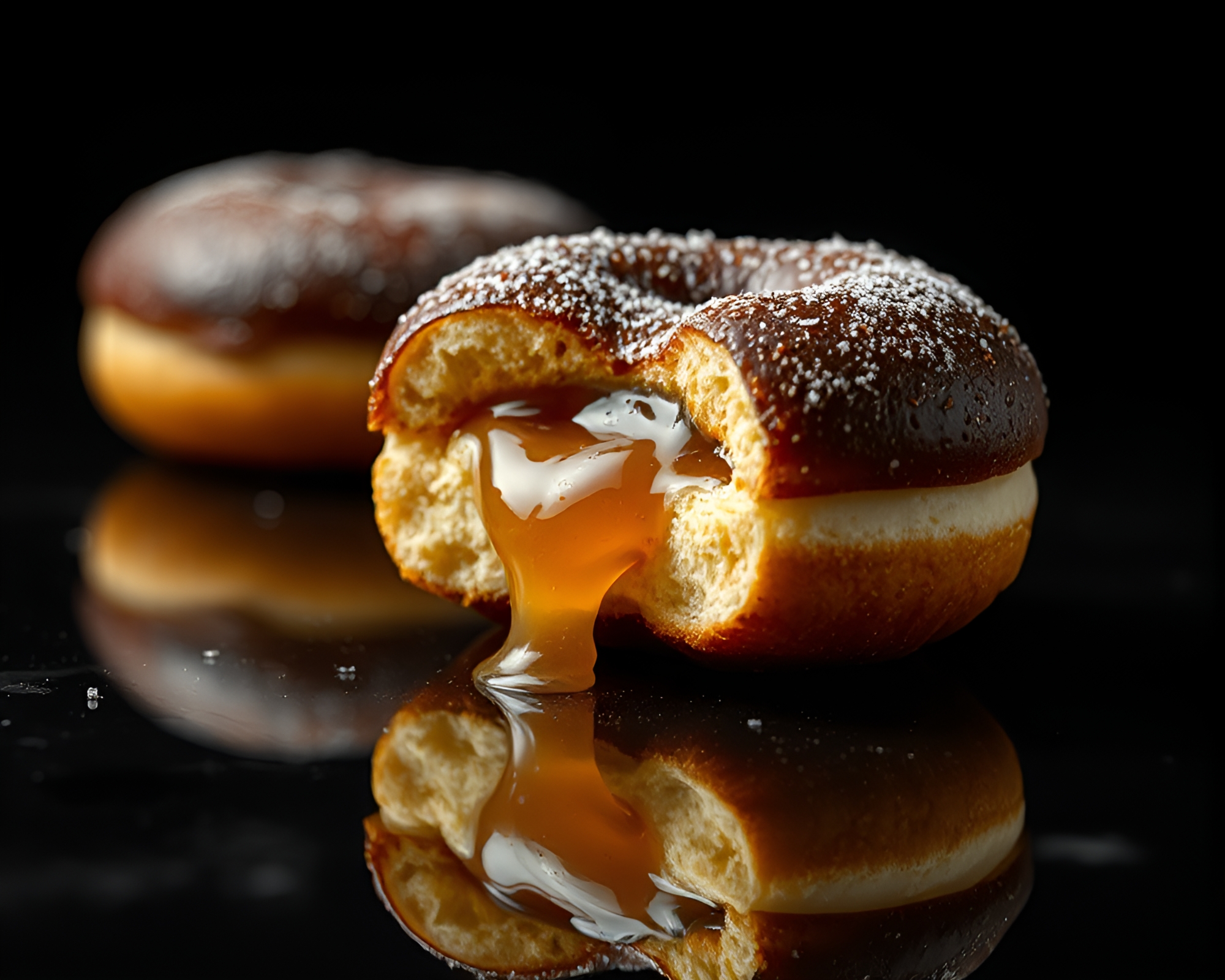Jelly-filled doughnut reflected on dark still surface – free AI stock image