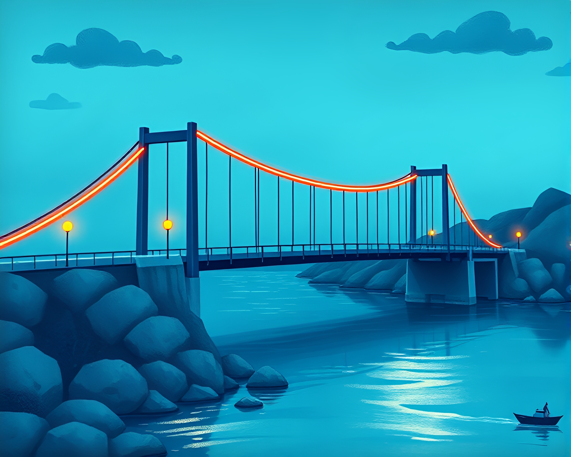 Neon-Lit Ocean Bridge in Children’s Book Style – free AI stock image