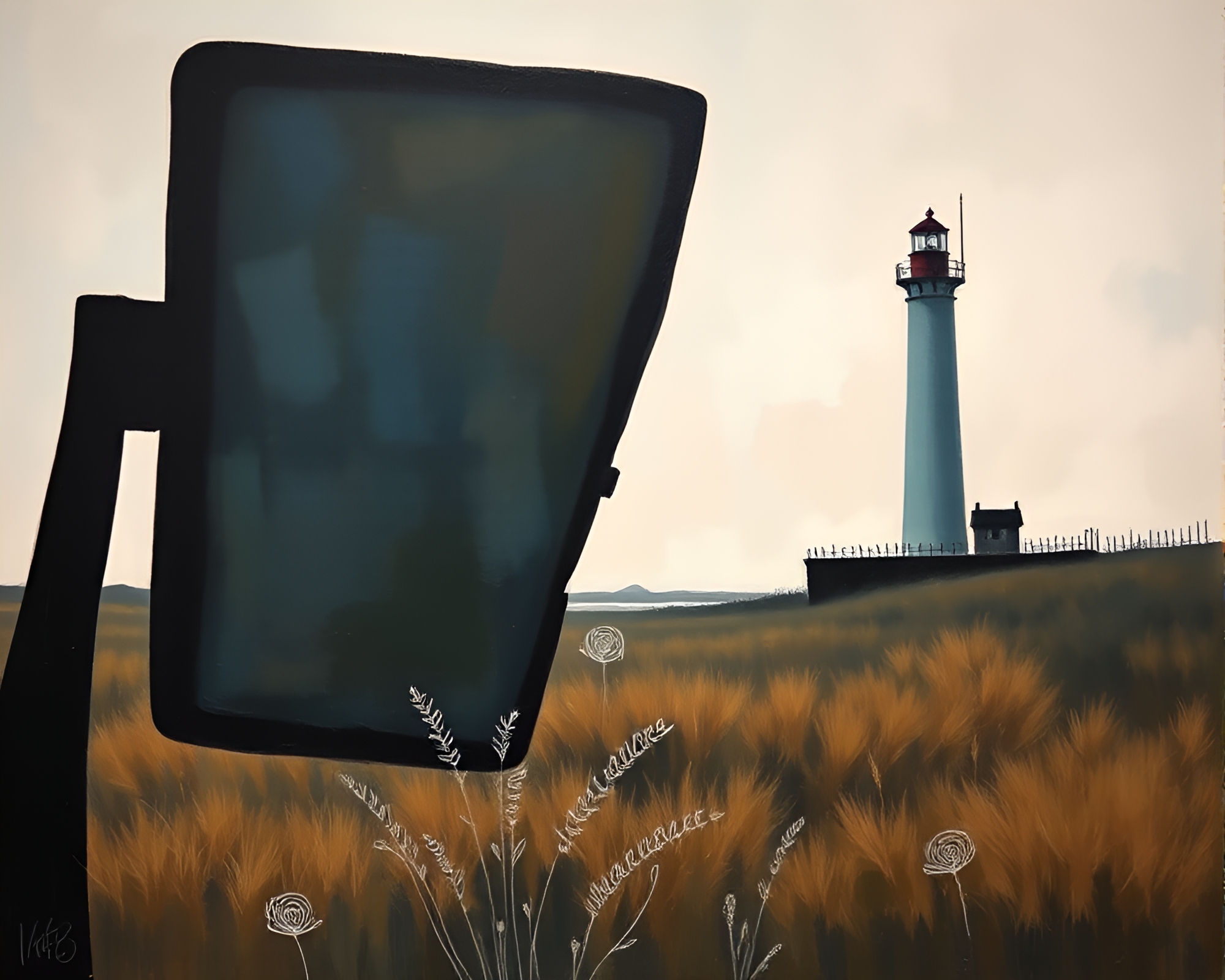 Shattered Reflections: Abandoned Lighthouse in Muted Shadows – free AI stock image