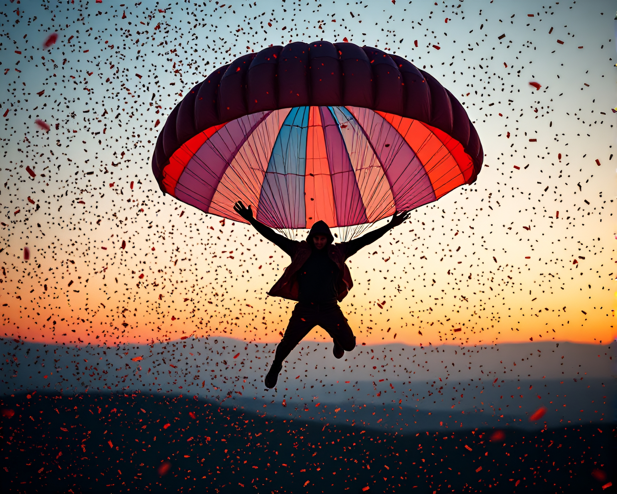 Parachute Jumper amidst Floating Ember Confetti Burst – free AI stock image