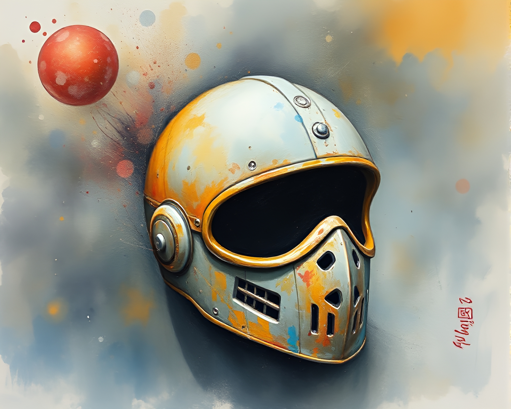 Helmeted warrior surrounded by cosmic dust in egg tempera – free AI stock image