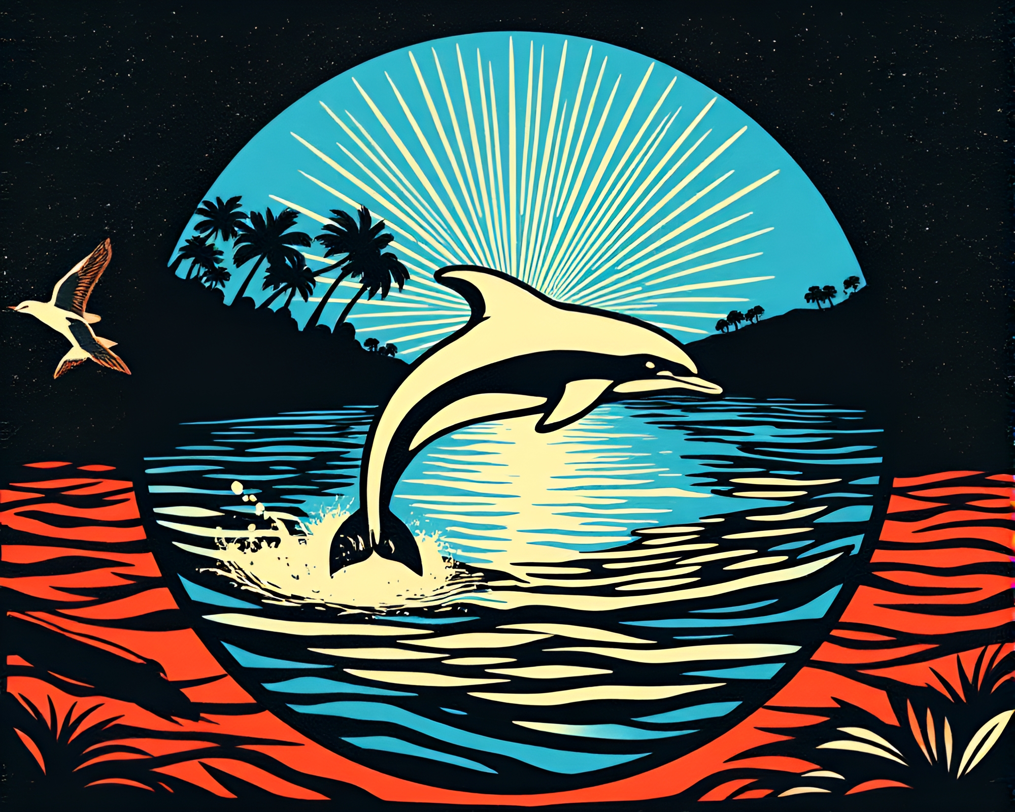 Woodcut Print of Amazon River Dolphin in Circular Frame – free AI stock image