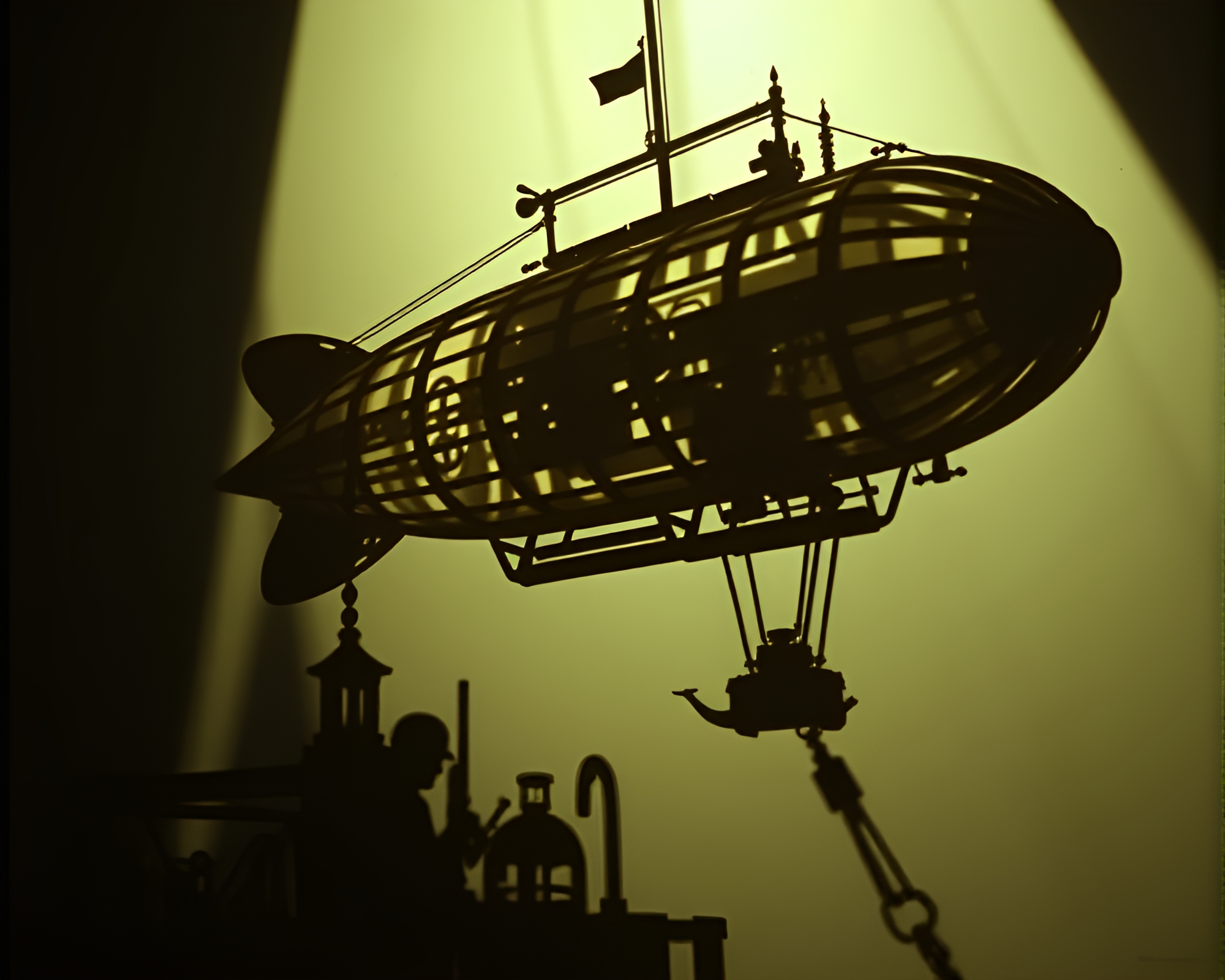 Steampunk Airship Casting Stencil Shadows with Hologram Effect – free AI stock image