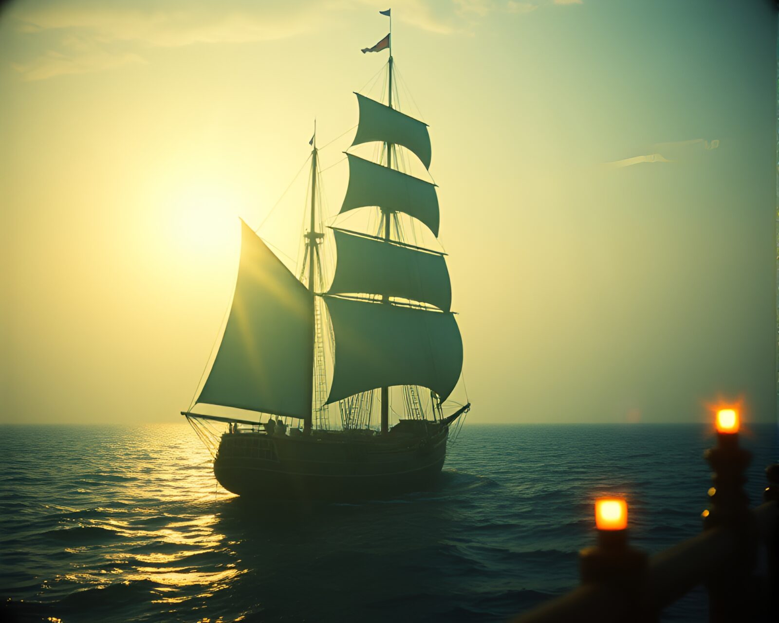 Vintage sailing ship under dramatic sunset with candlelight