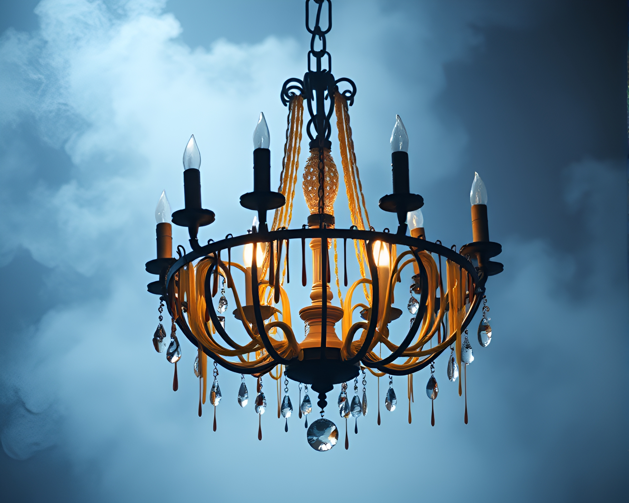 Chandelier Reflections in Misty Paint Drips Vignette – free AI stock image