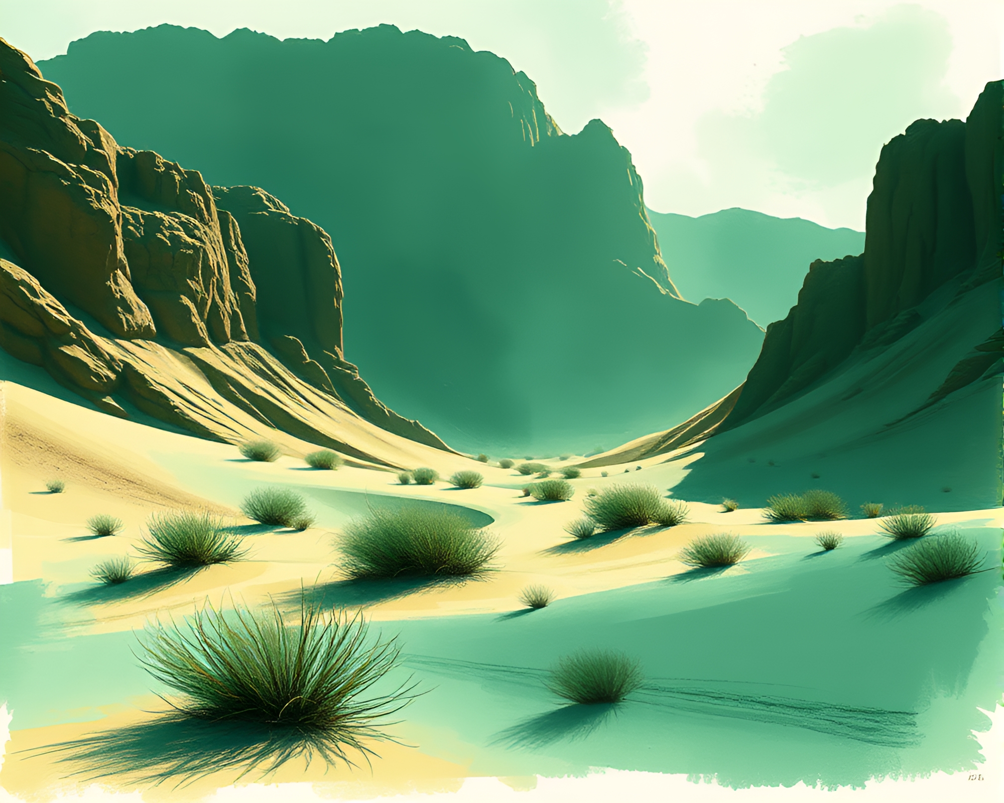 Desert Mirage Fashion Illustration in Emerald Green – free AI stock image