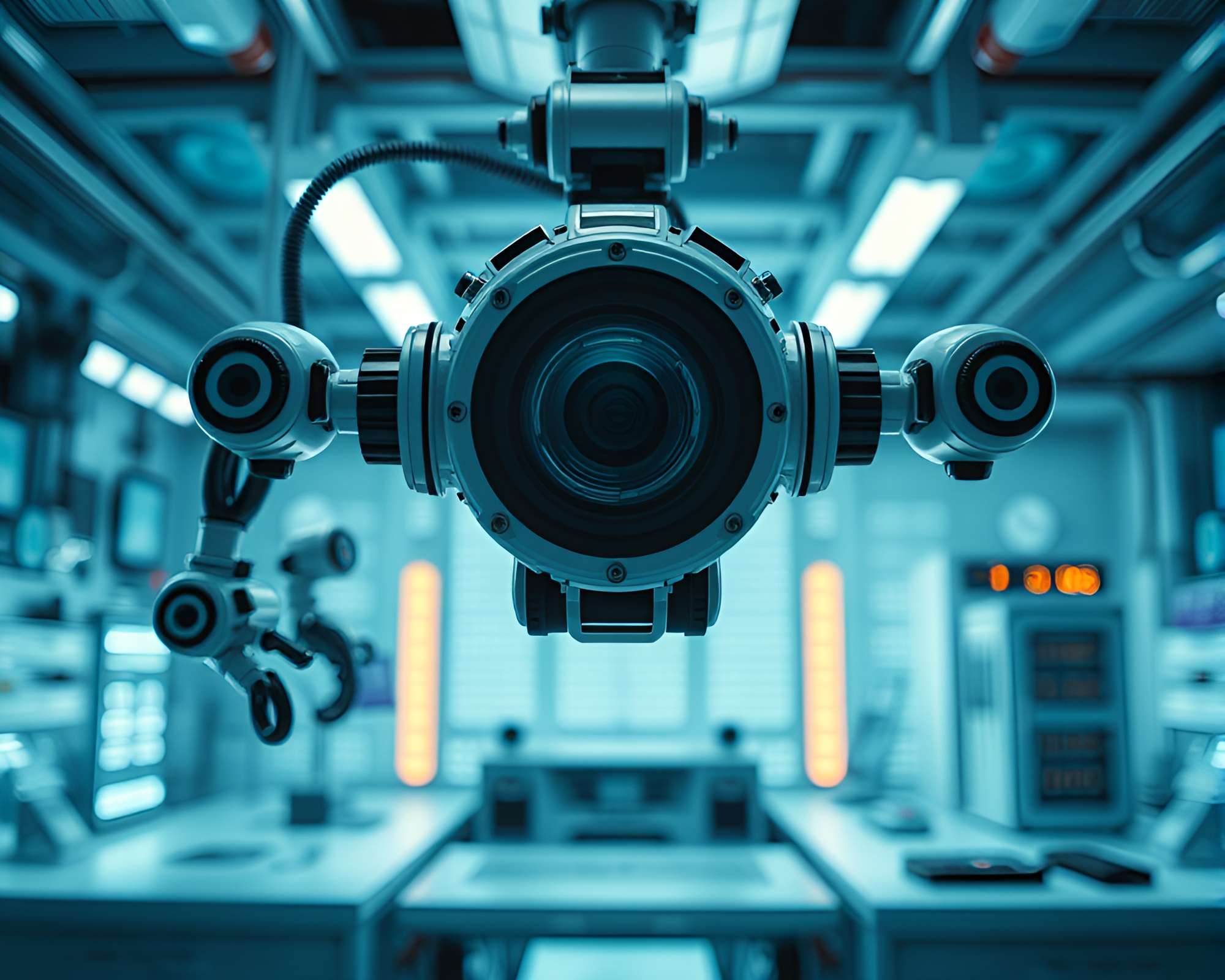 Futuristic Robotics Lab in Lens-Distorted CGI – free AI stock image