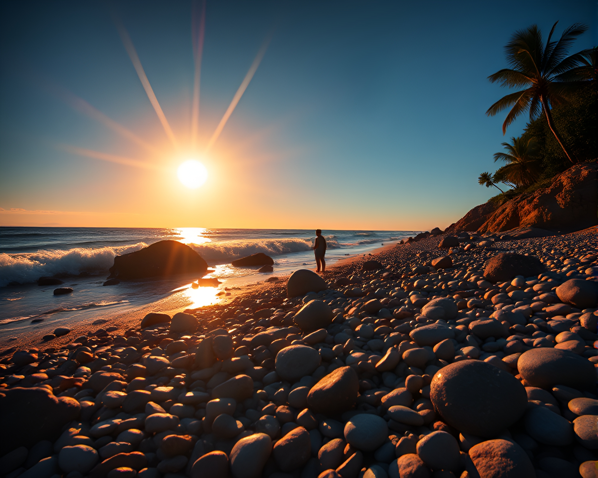 Neon Sunburst over Pebble Beach: Selective Color Composition – free AI stock image
