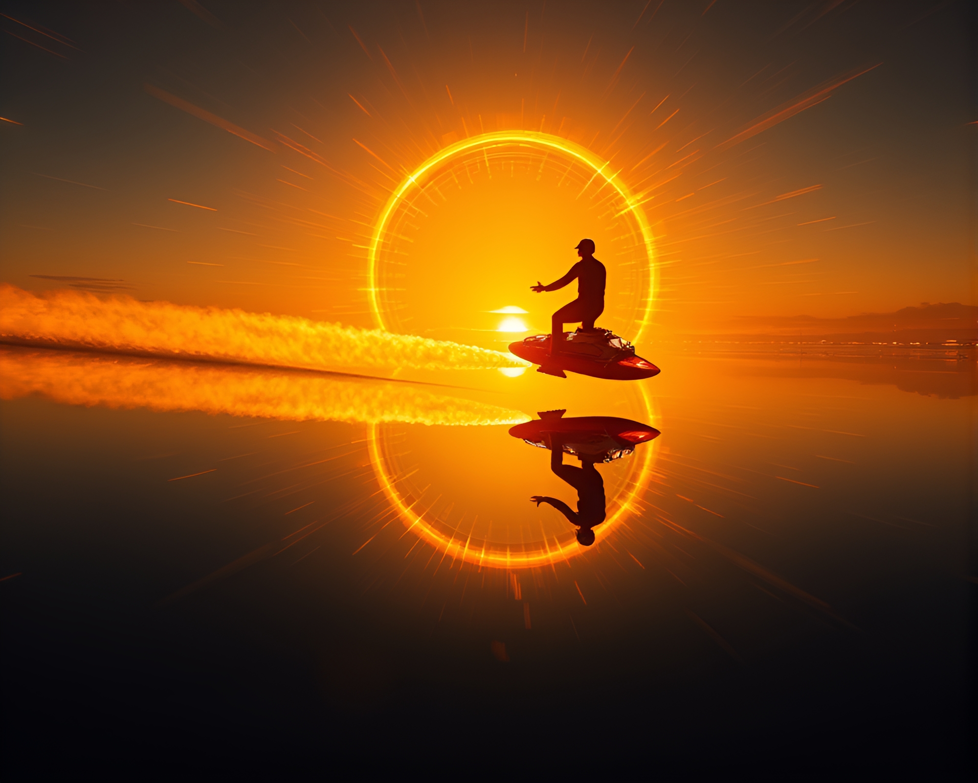 Mesmerizing Double Reflections in Golden Hour Jetpack Art – free AI stock image