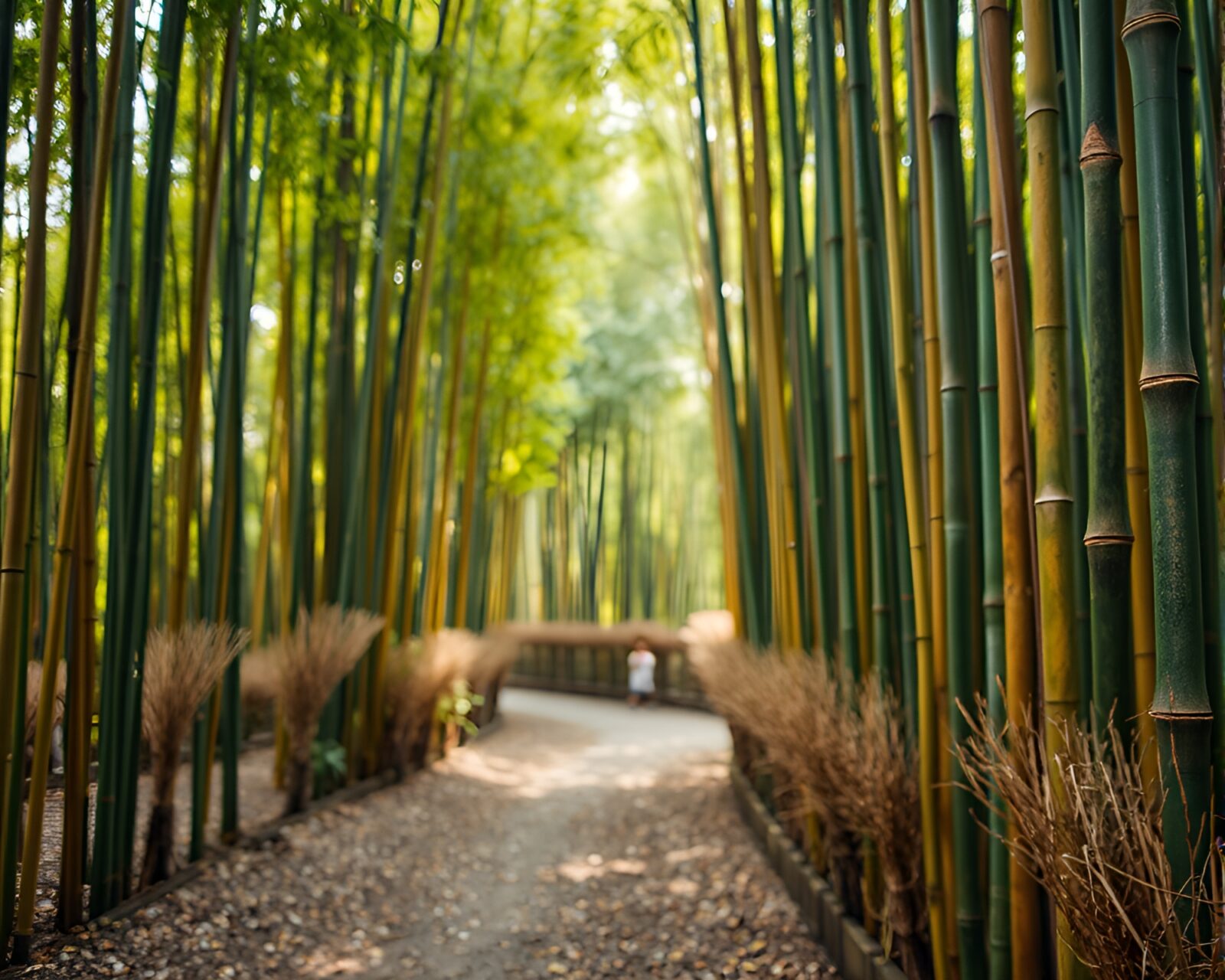 HDR photo of a vibrant bamboo forest under colorful lighting