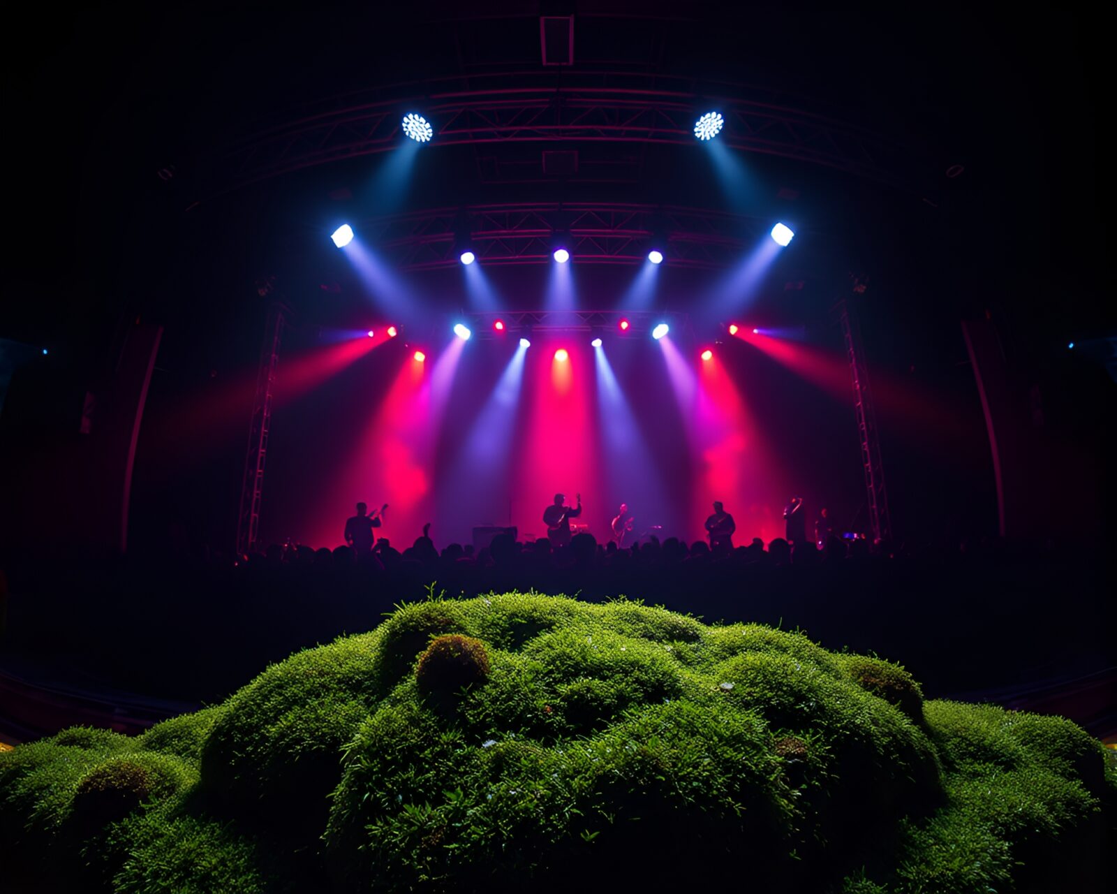 Stereoscopic image of luminous moss-covered jewelry under stage lights